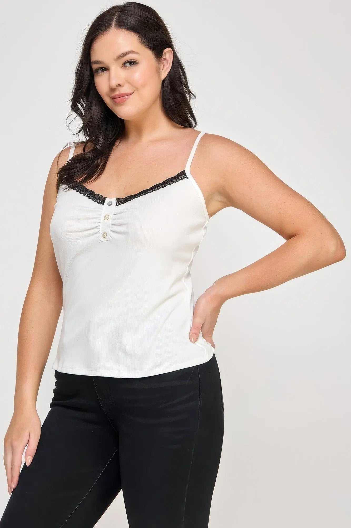 Plus Size Ribbed Knit Camisole With Lace Trim - DressAffection