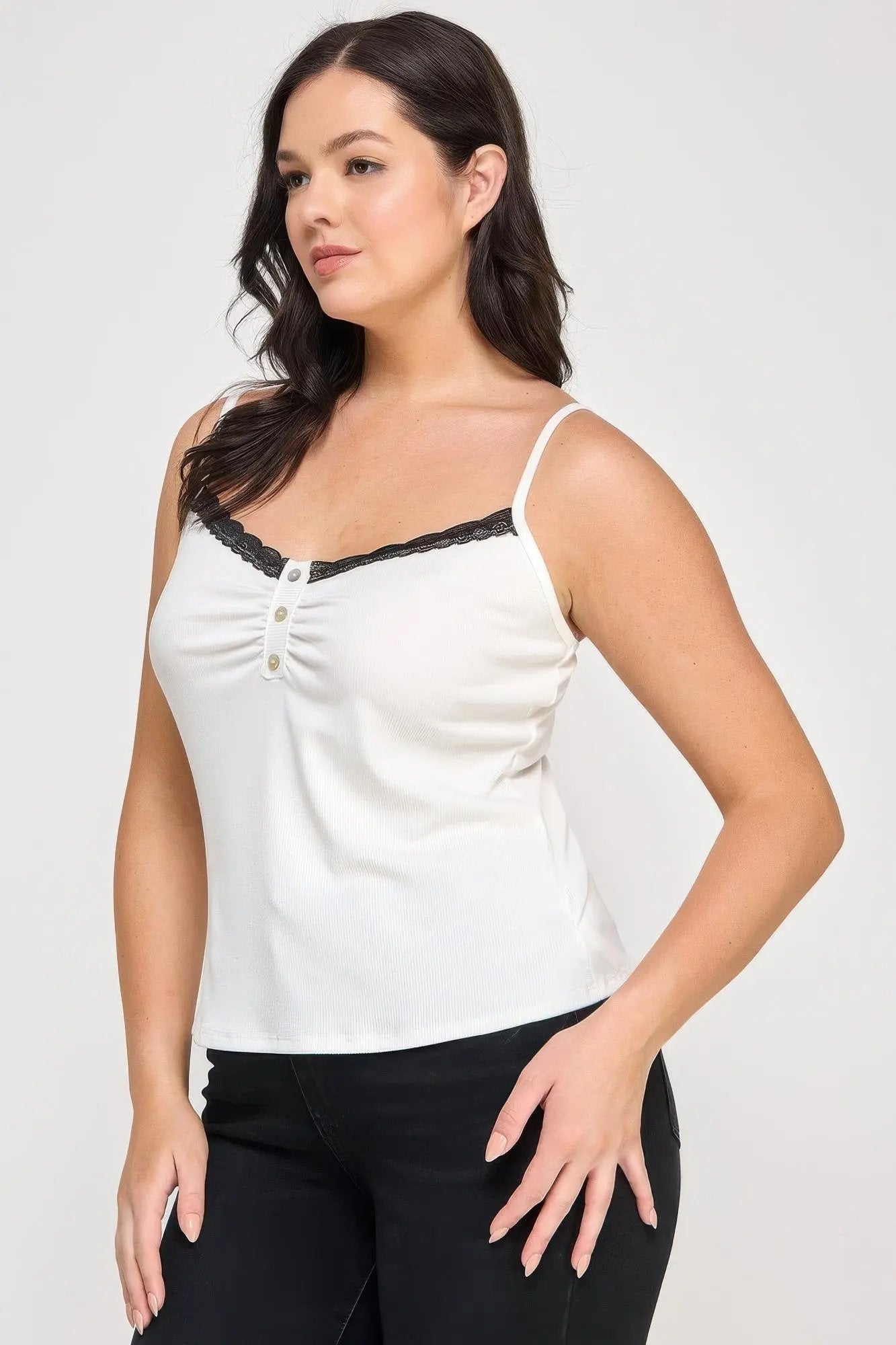 Plus Size Ribbed Knit Camisole With Lace Trim - DressAffection