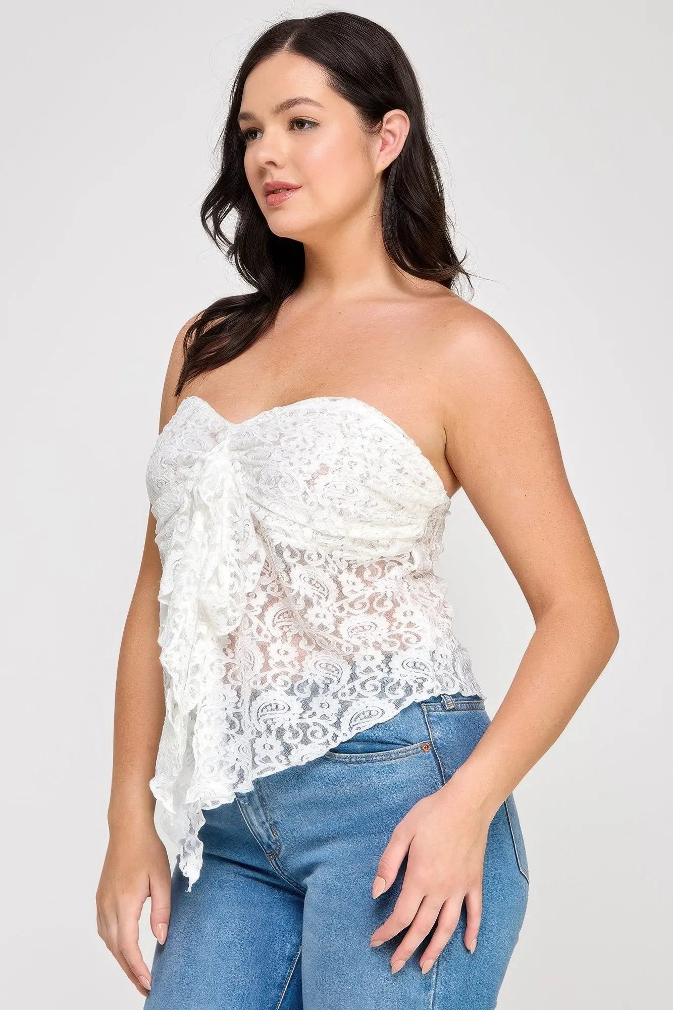 Plus Size Strapless Stretch Lace Bow Front Top - DressAffection
