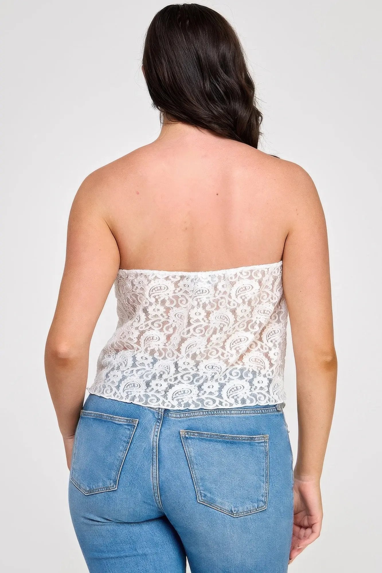 Plus Size Strapless Stretch Lace Bow Front Top - DressAffection