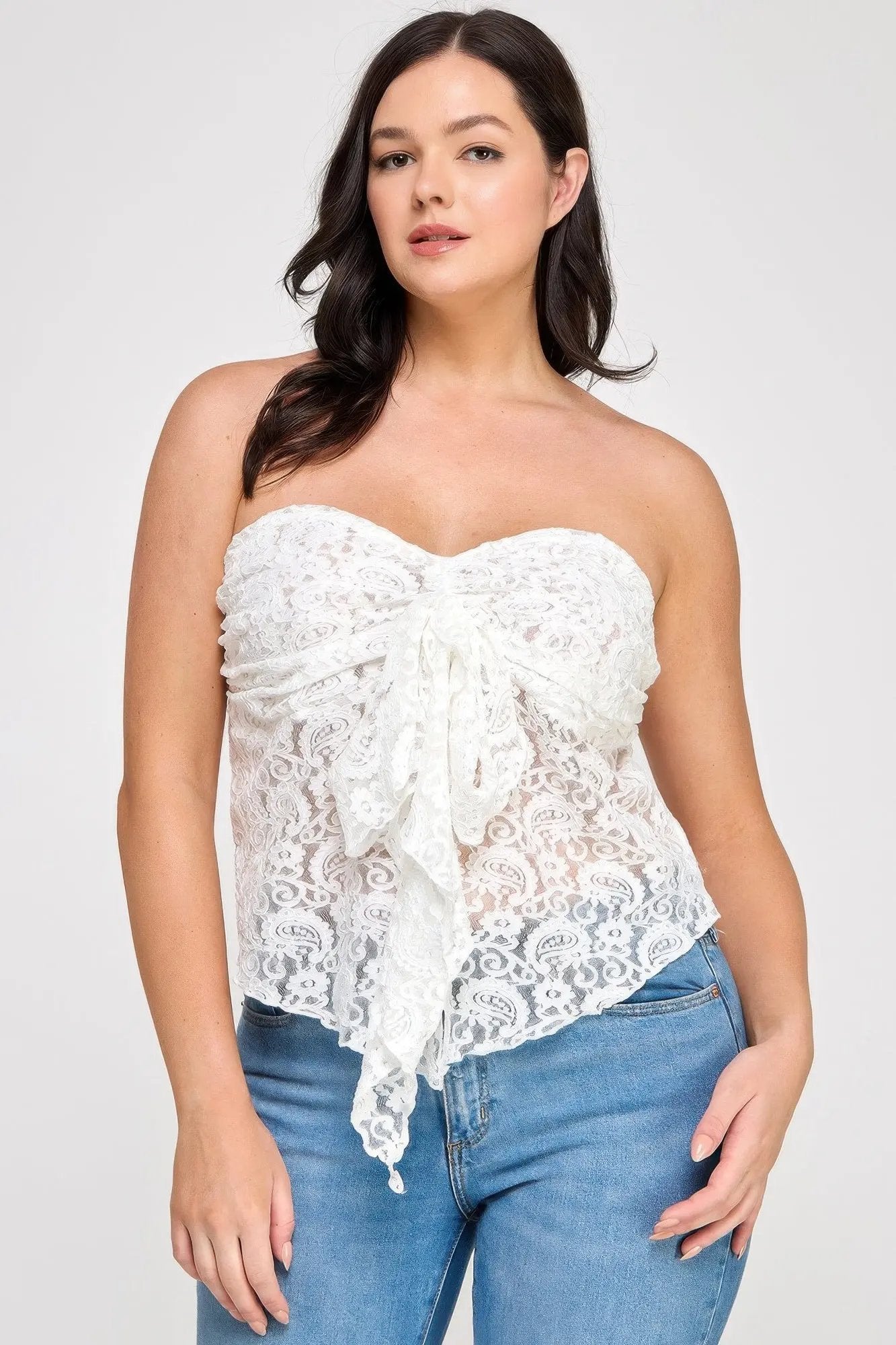 Plus Size Strapless Stretch Lace Bow Front Top - DressAffection