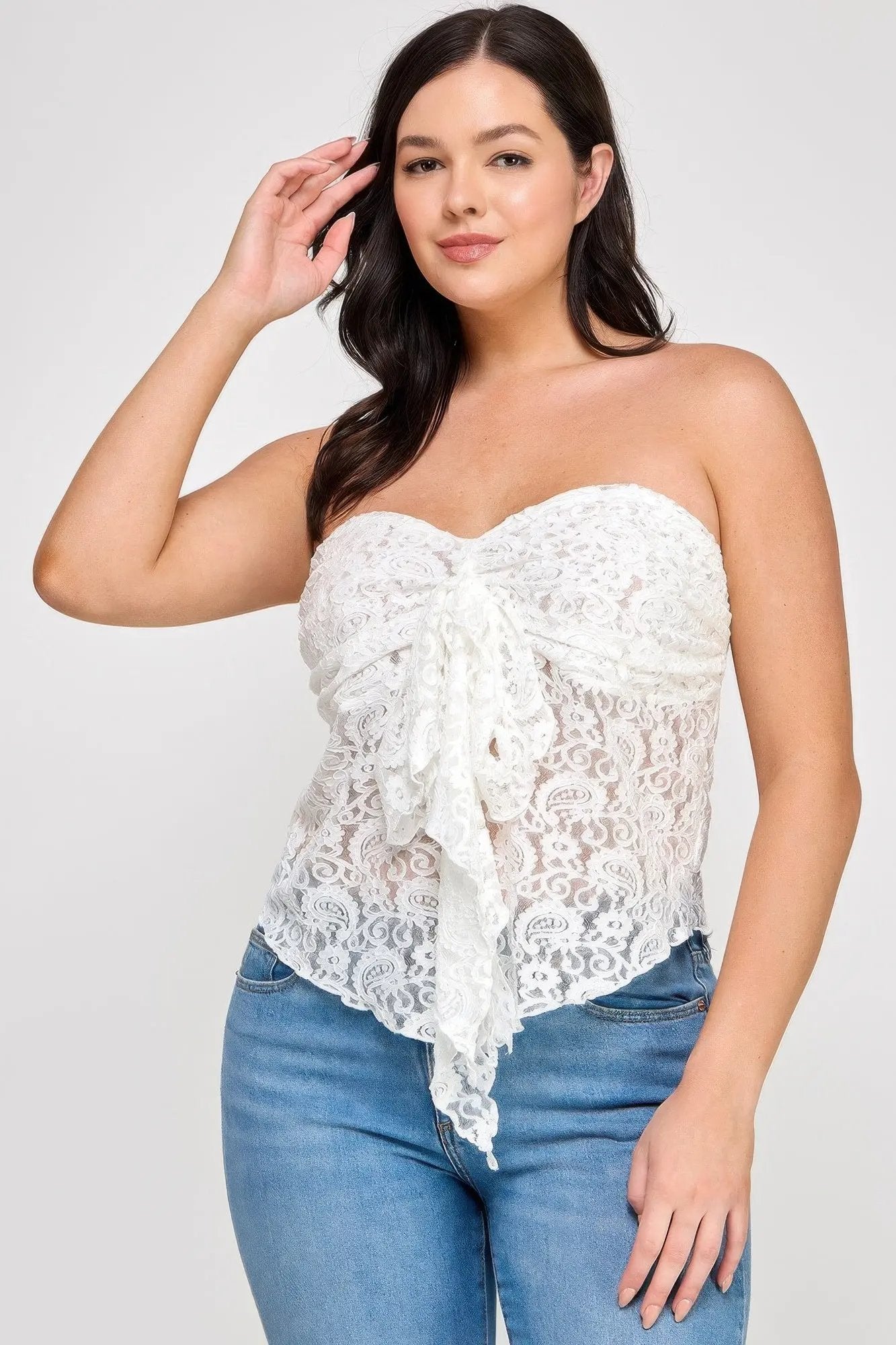 Plus Size Strapless Stretch Lace Bow Front Top - DressAffection