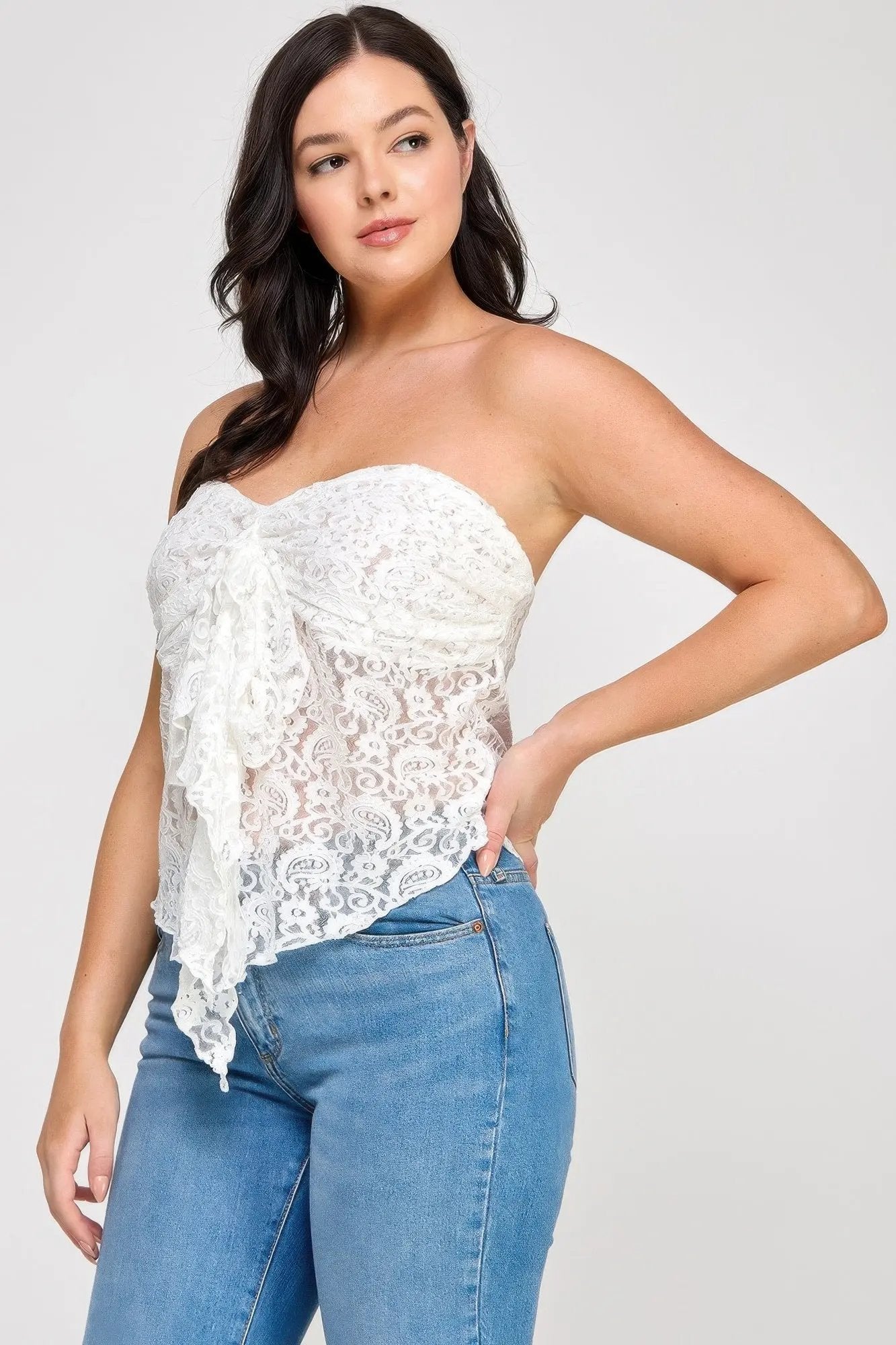 Plus Size Strapless Stretch Lace Bow Front Top - DressAffection