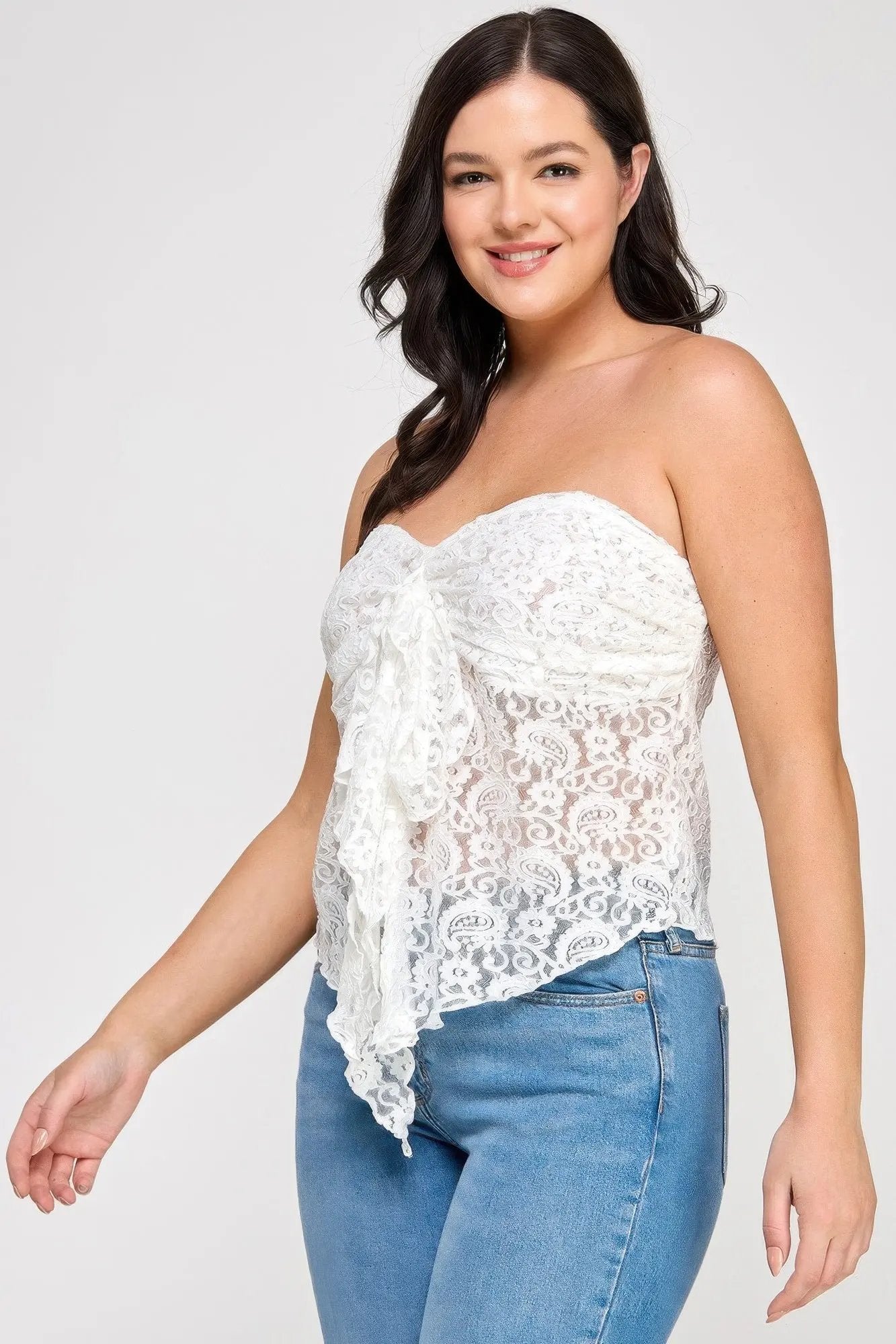 Plus Size Strapless Stretch Lace Bow Front Top - DressAffection