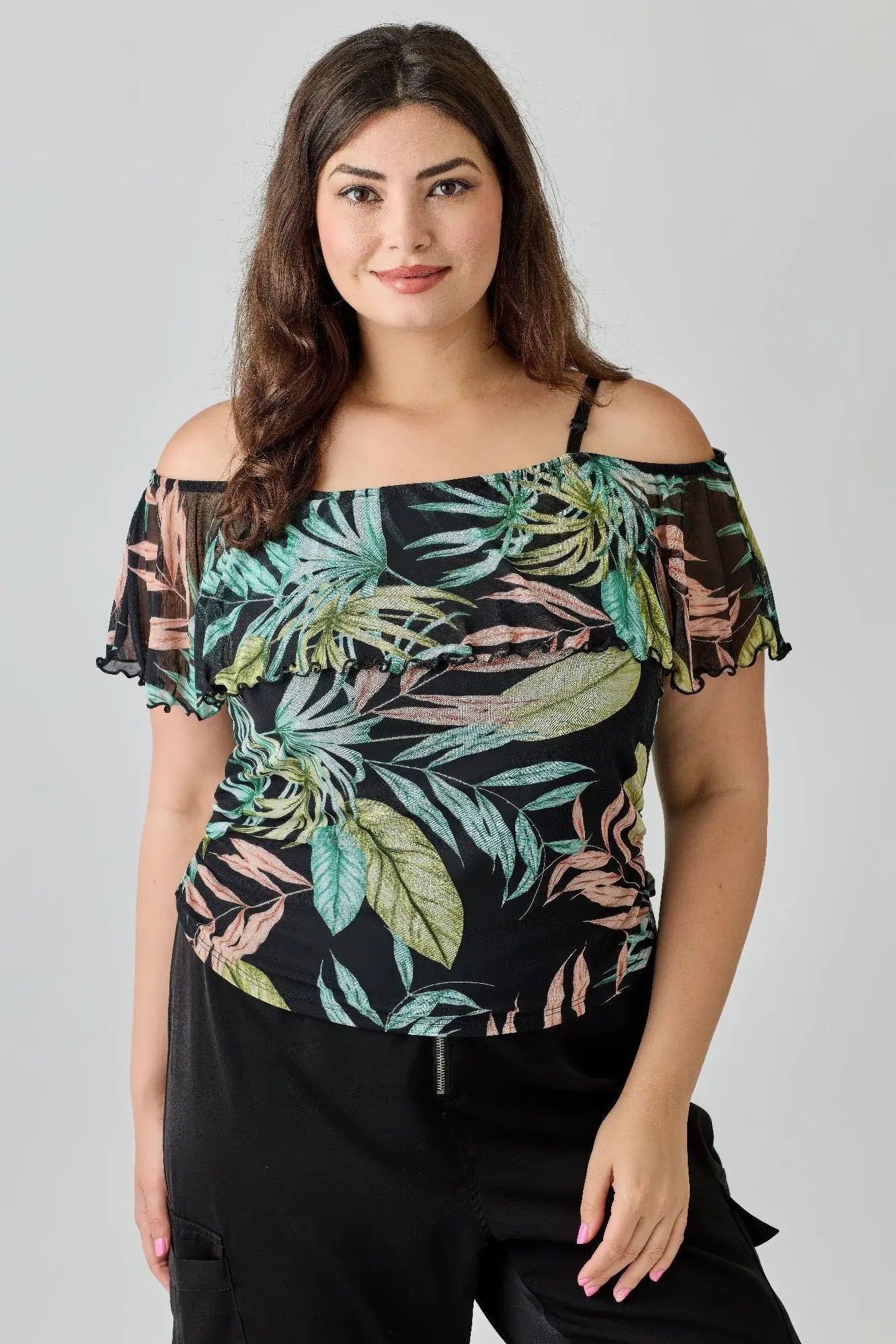 Plus Size Tropical Inspired Off The Shoulder Top - DressAffection