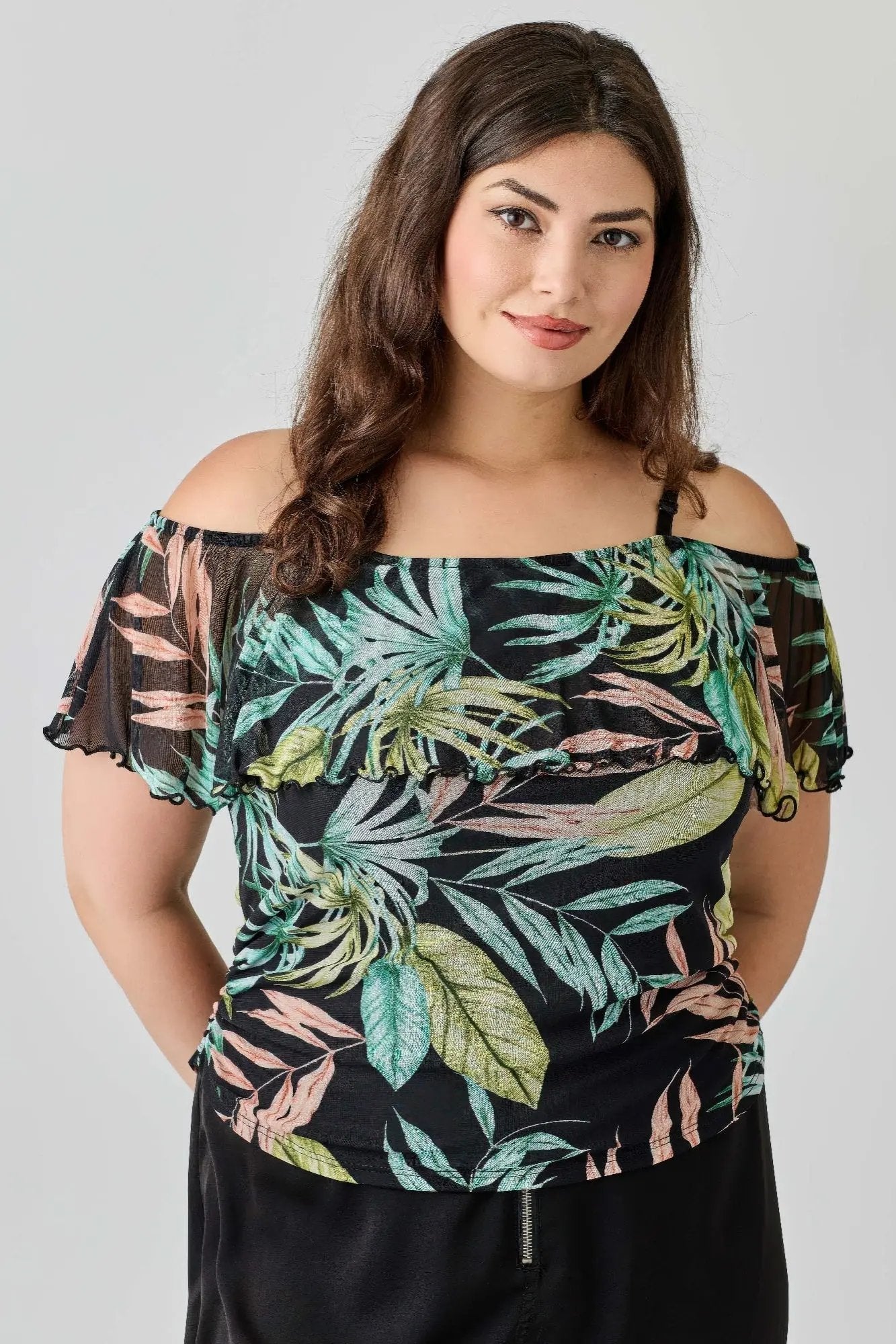 Plus Size Tropical Inspired Off The Shoulder Top - DressAffection