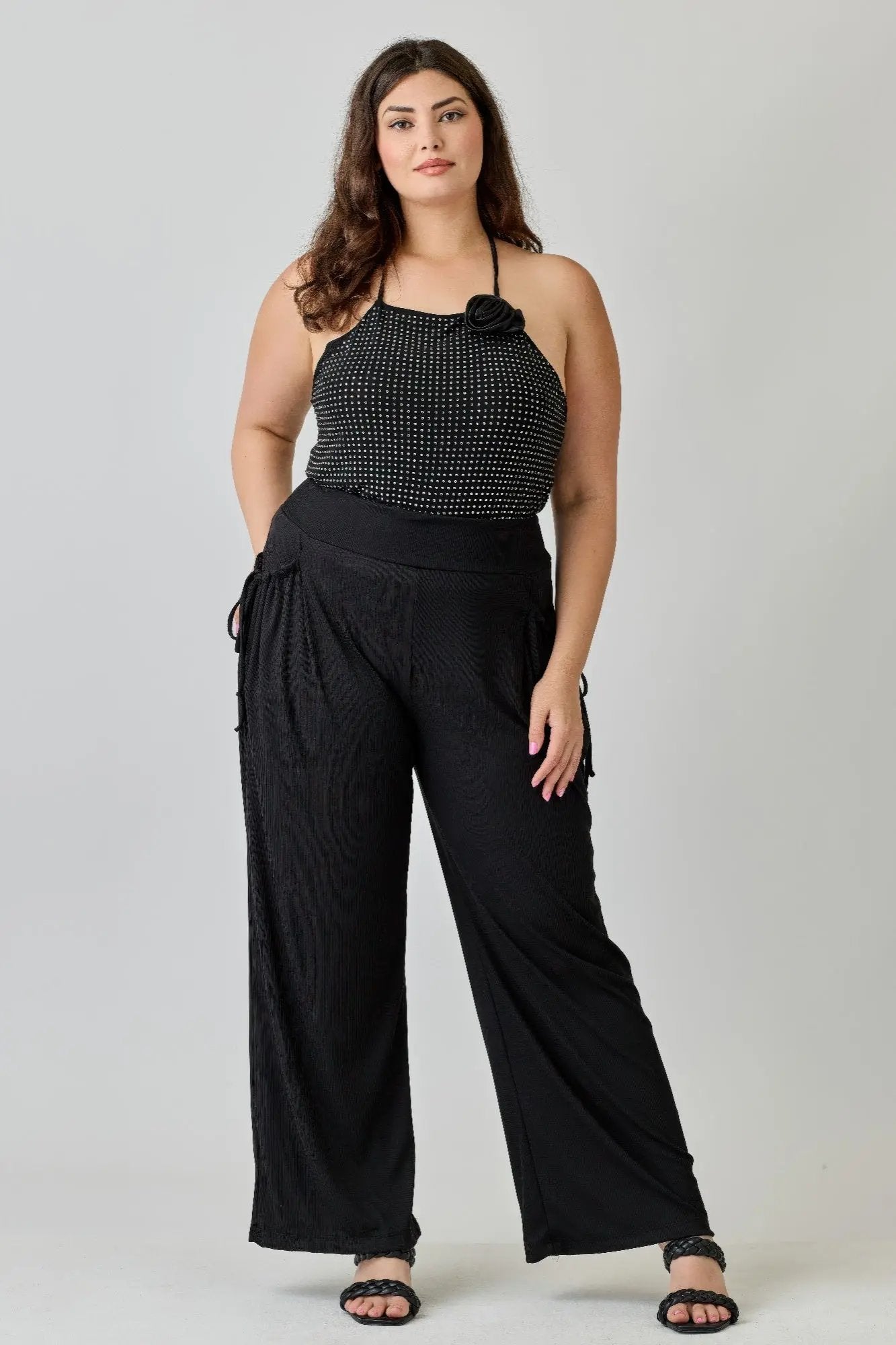 Plus Size Wide-leg Pants W Side Drawstring Detail - DressAffection