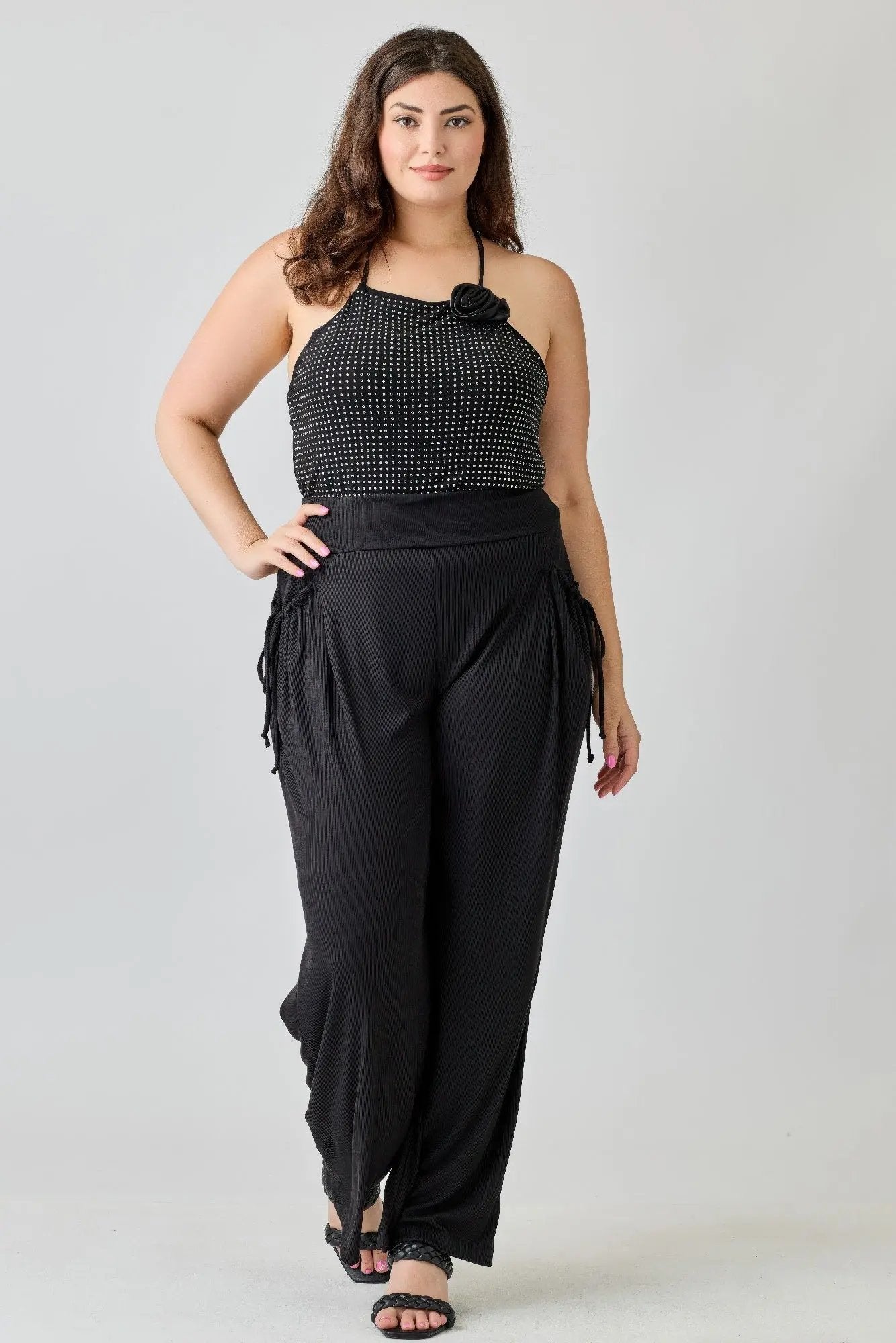 Plus Size Wide-leg Pants W Side Drawstring Detail - DressAffection