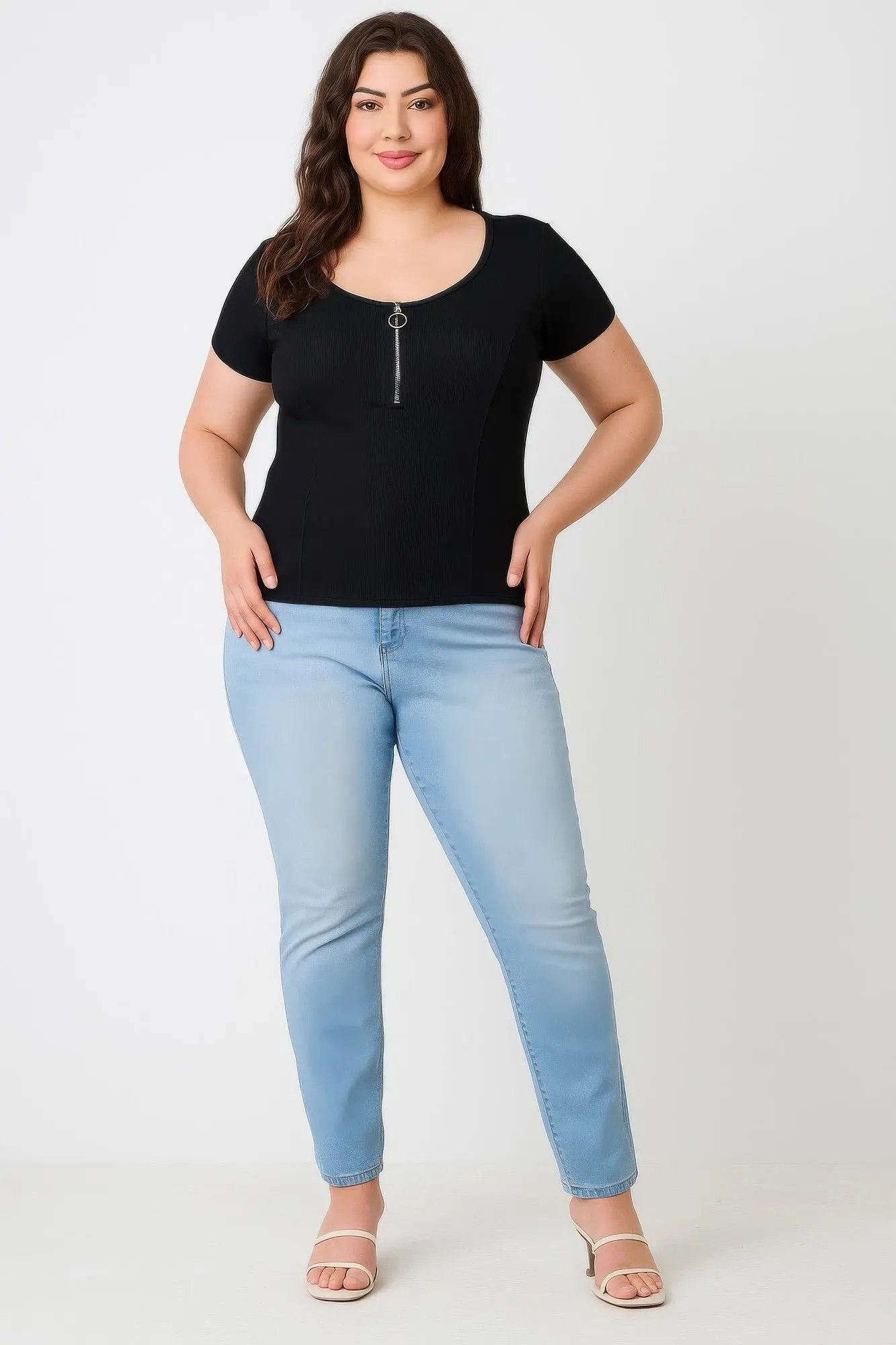 Plus Size Zip Front Fitted Stretch Top - DressAffection