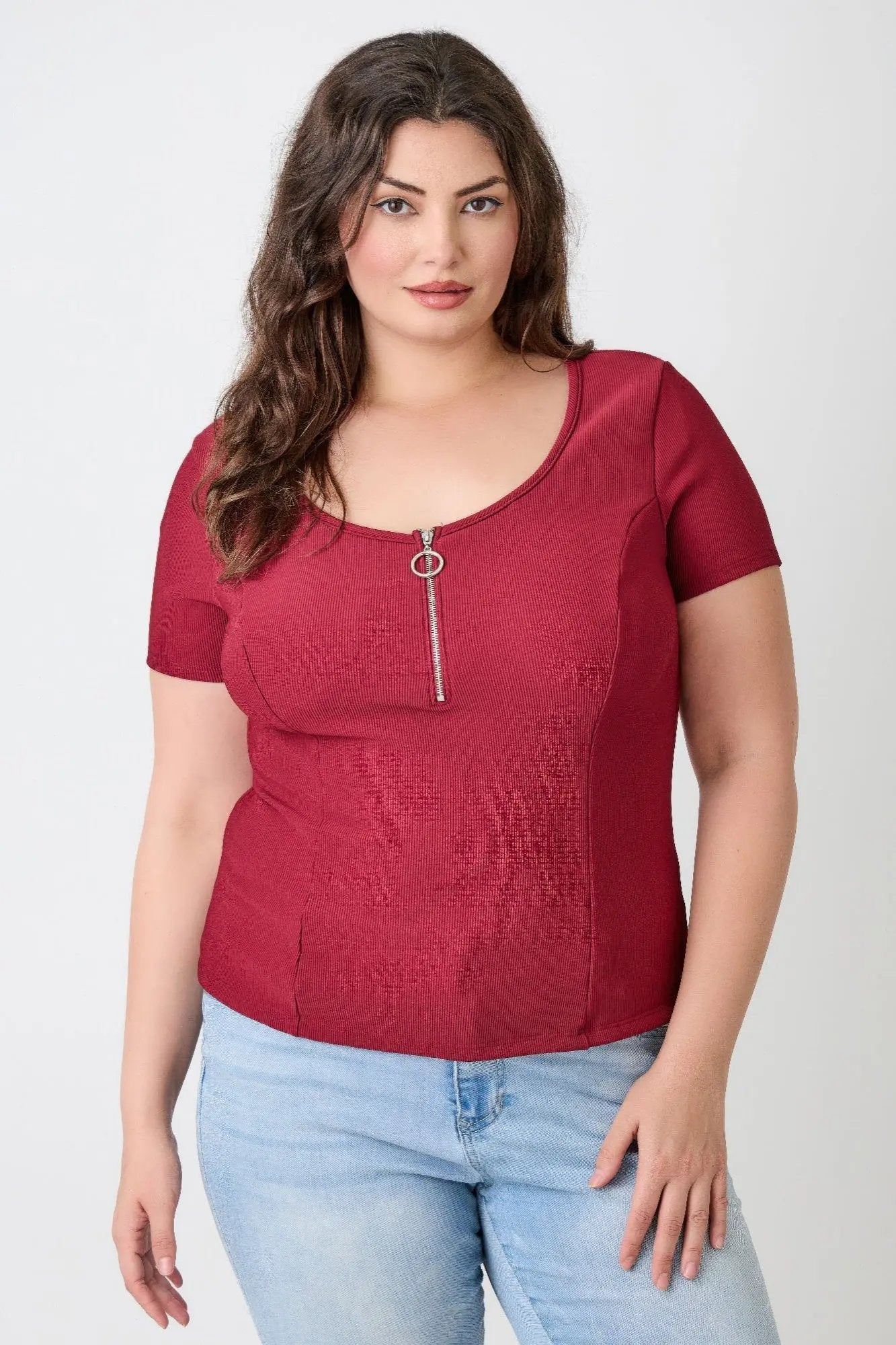 Plus Size Zip Front Fitted Stretch Top - DressAffection