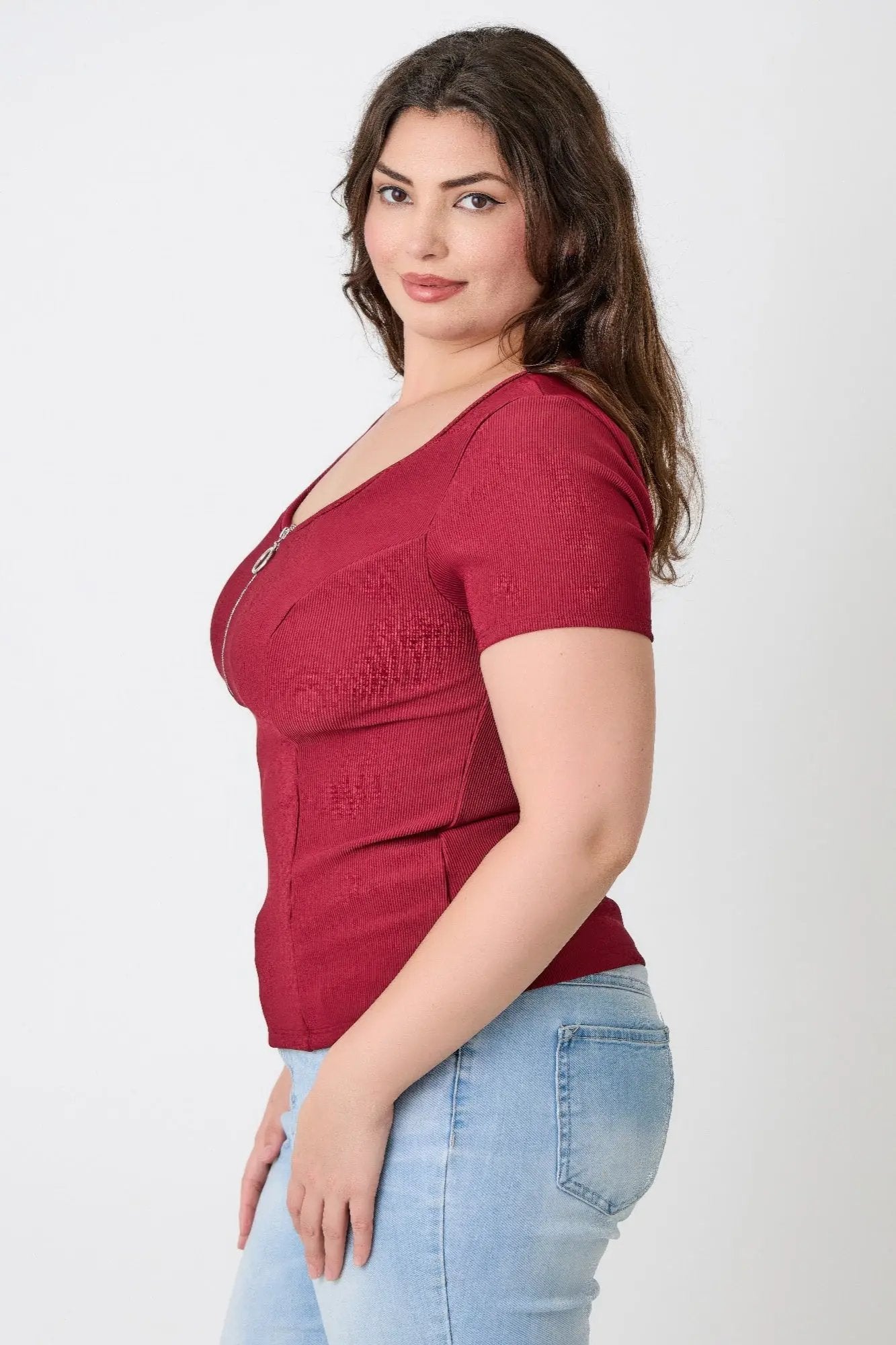 Plus Size Zip Front Fitted Stretch Top - DressAffection