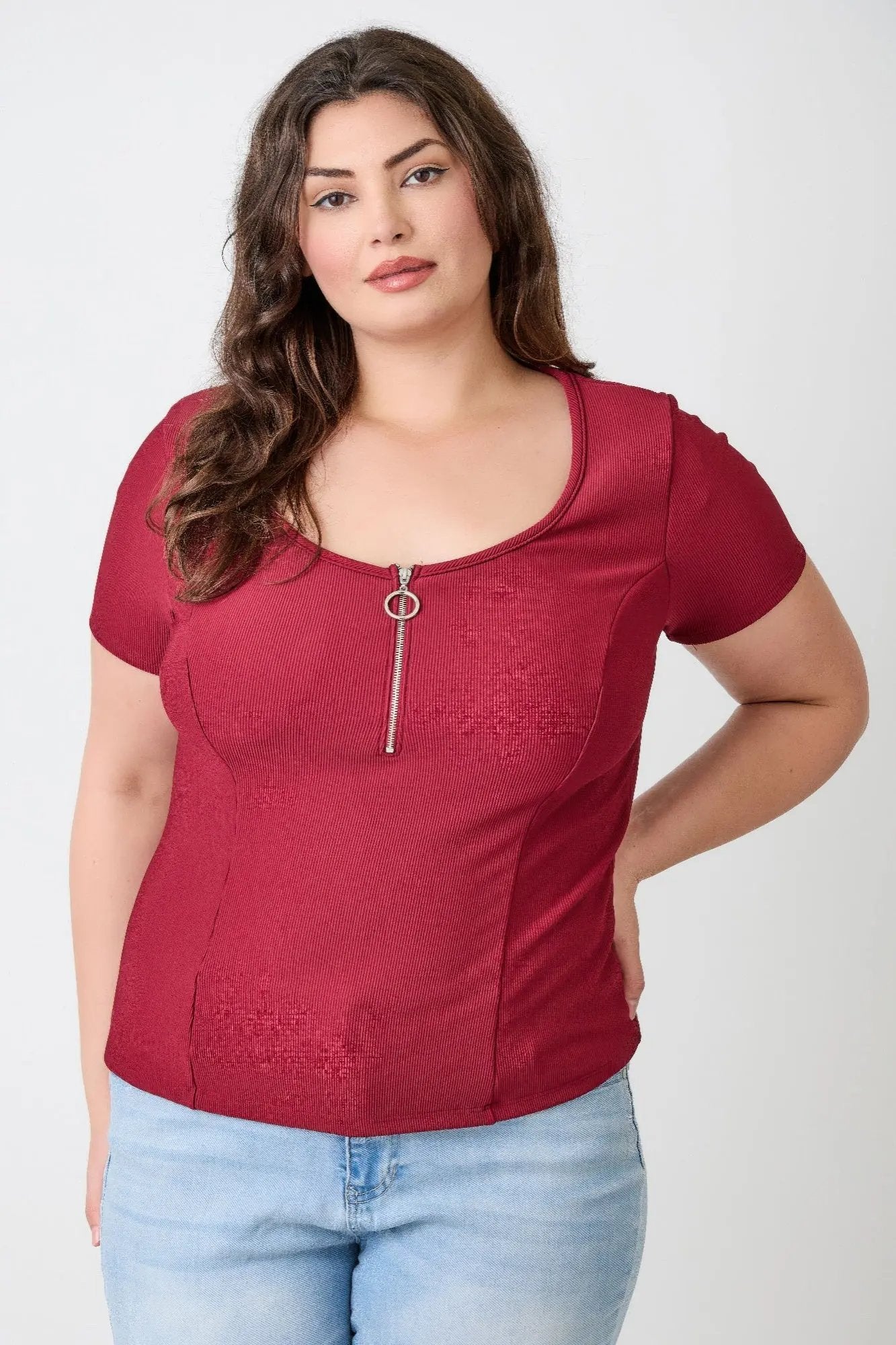 Plus Size Zip Front Fitted Stretch Top - DressAffection