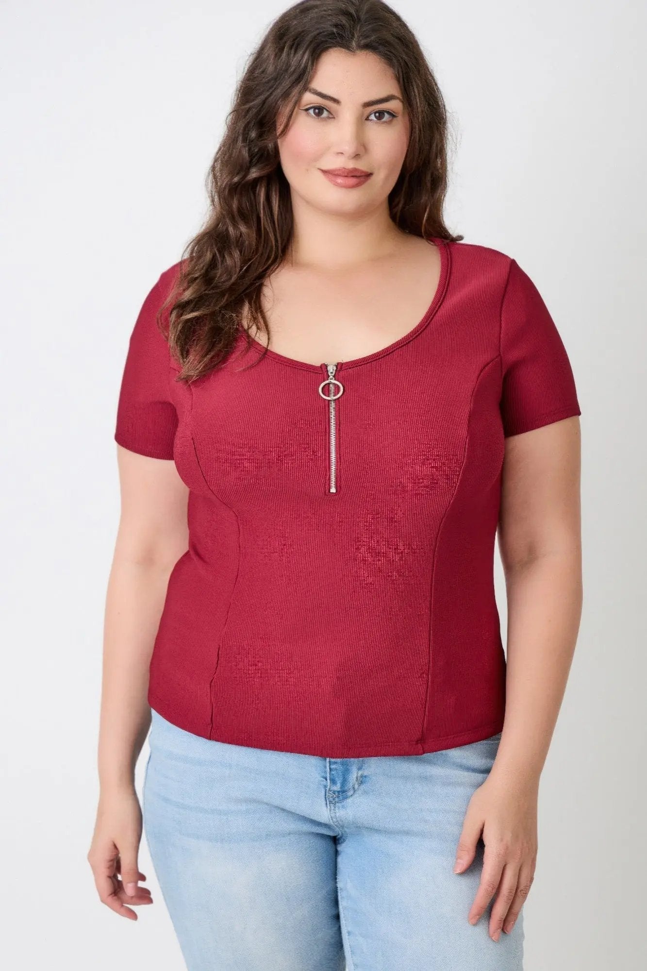 Plus Size Zip Front Fitted Stretch Top - DressAffection