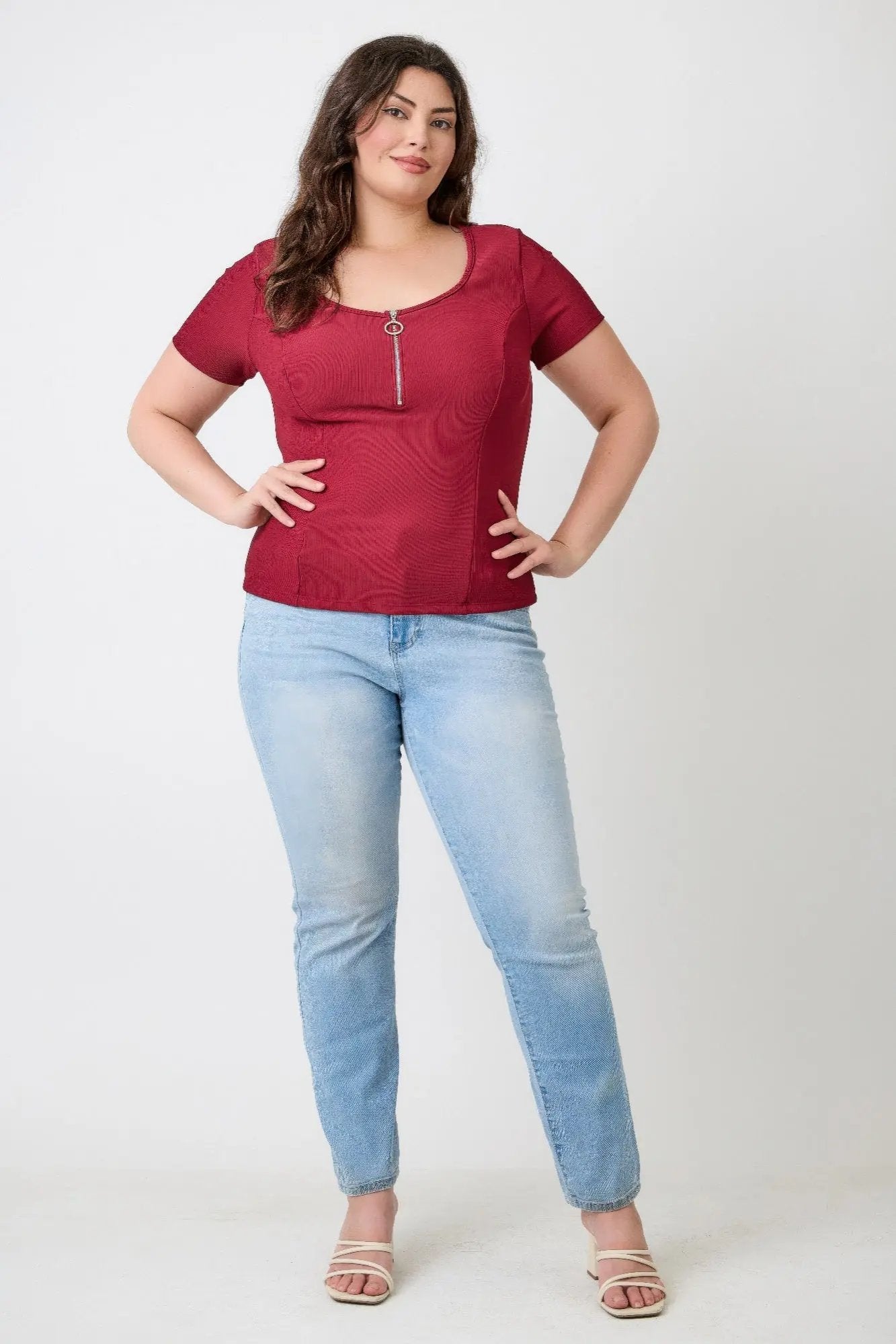 Plus Size Zip Front Fitted Stretch Top - DressAffection