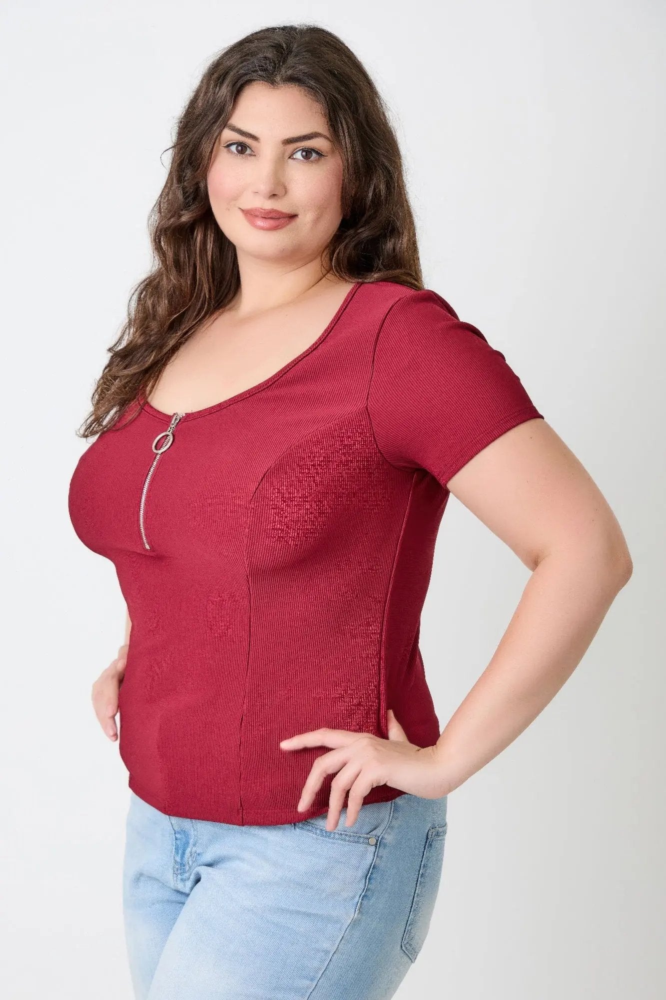 Plus Size Zip Front Fitted Stretch Top - DressAffection