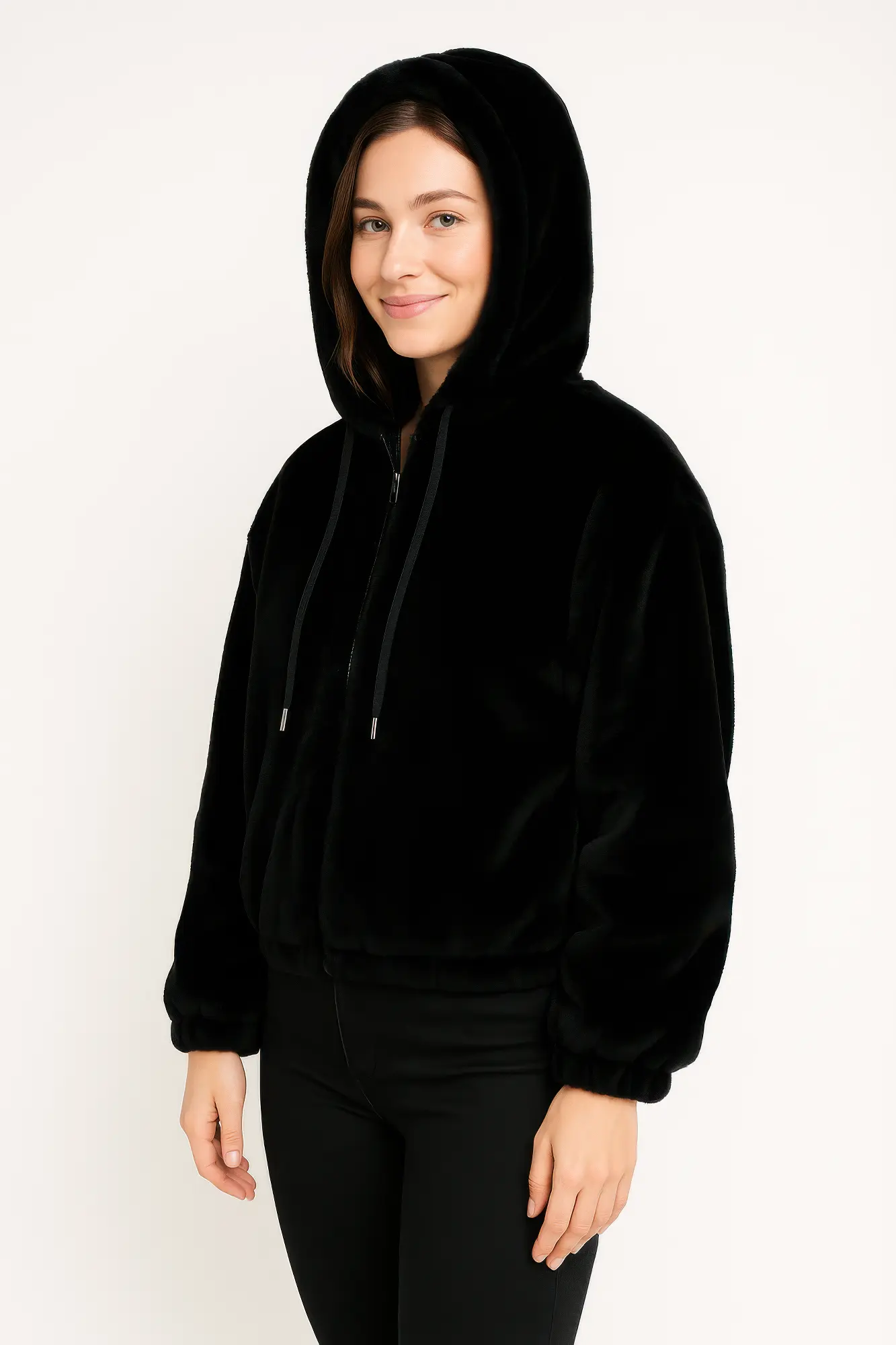 Plush Zip-Up Hooded Jacket - DressAffection