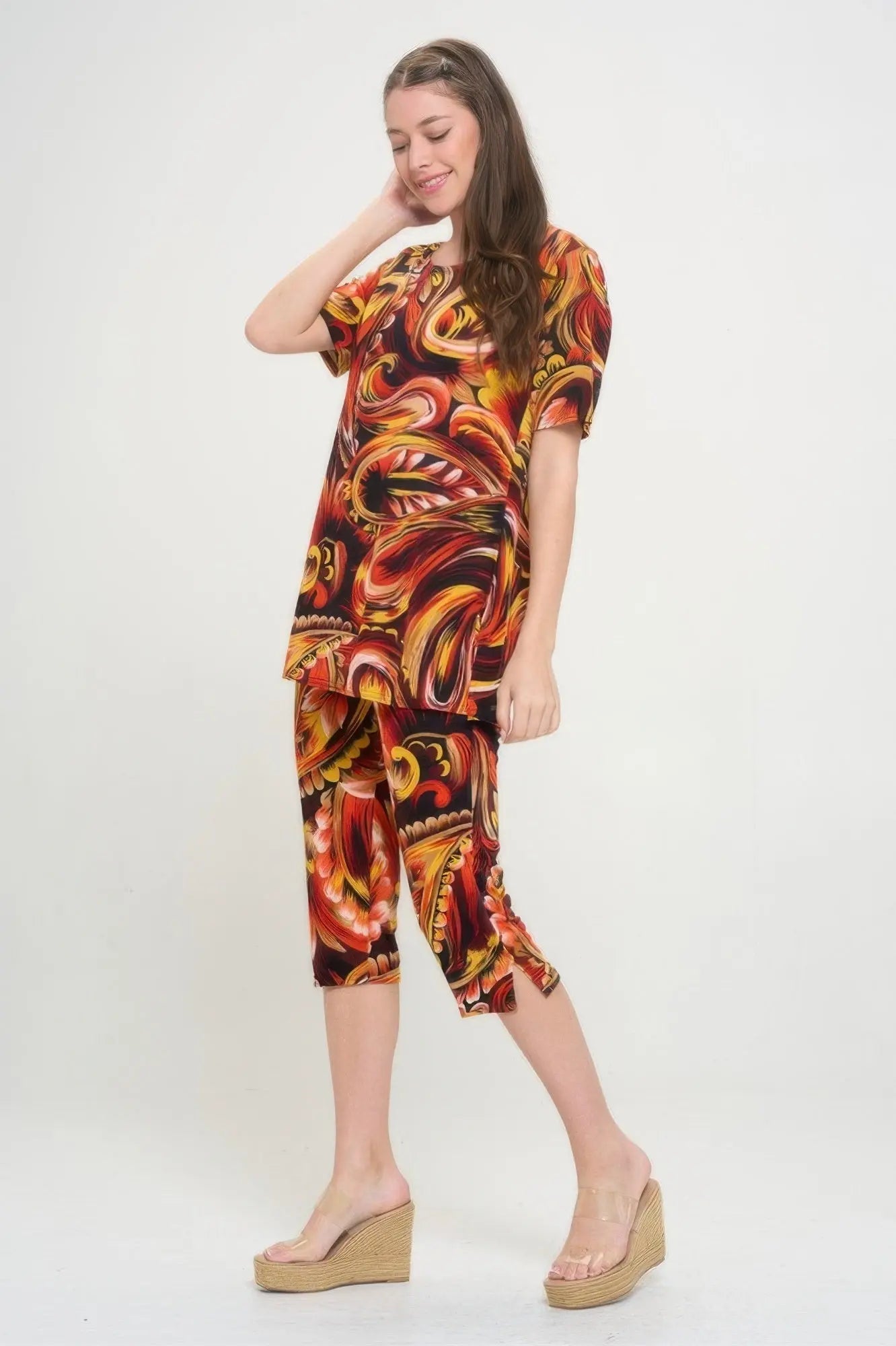 Print Bns Capri Pants Set - DressAffection