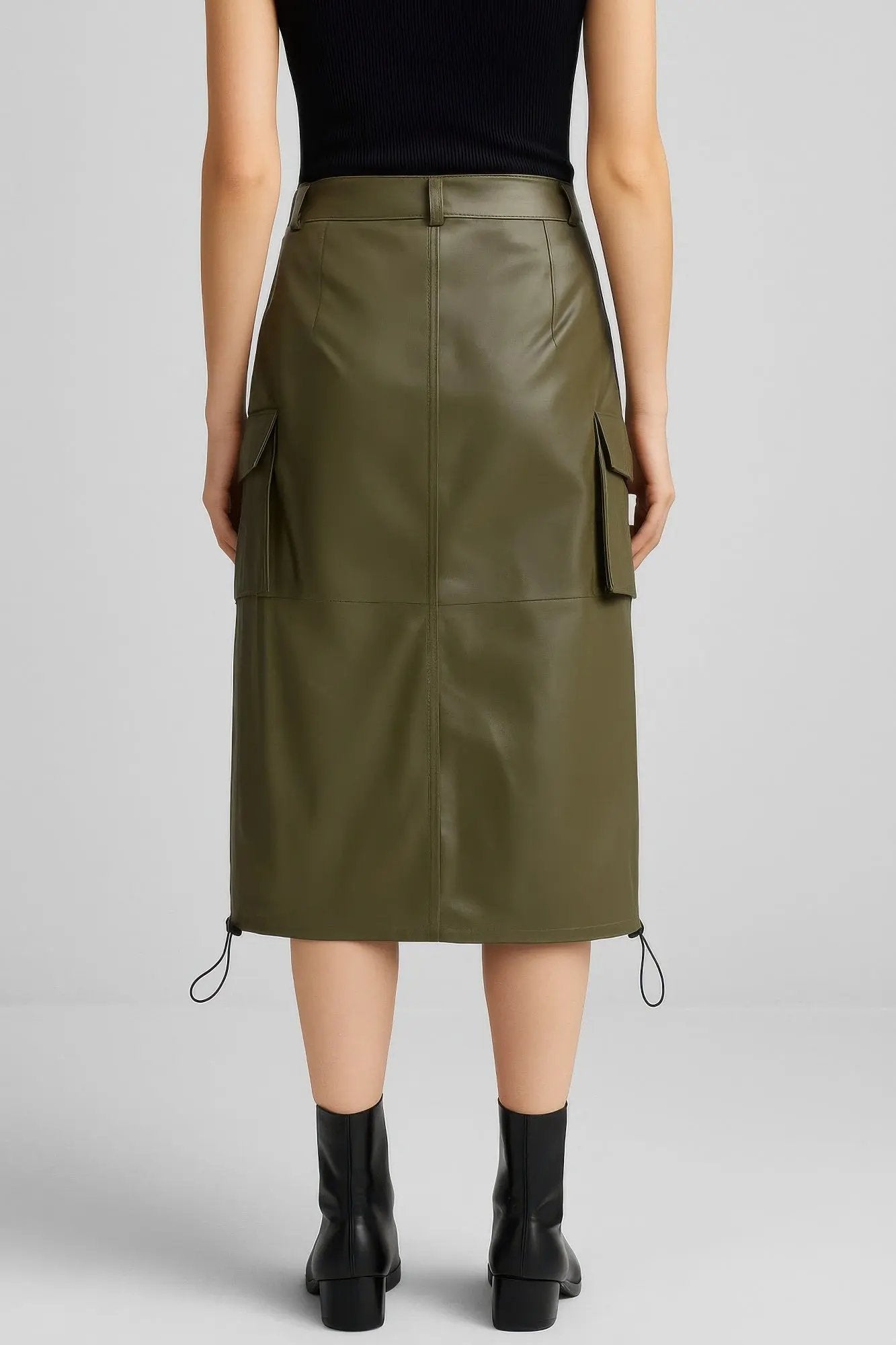 Pu Side Pockets Midi Skirt - DressAffection