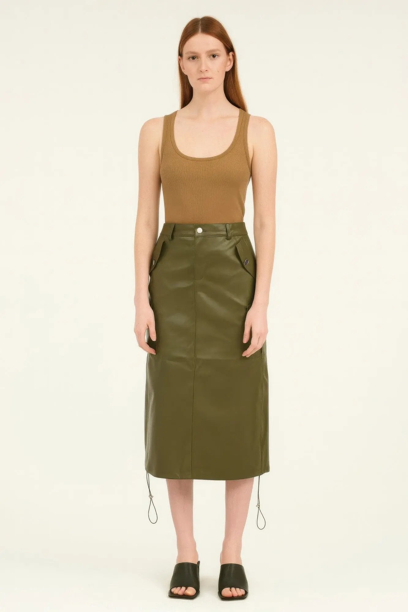 Pu Side Pockets Midi Skirt - DressAffection
