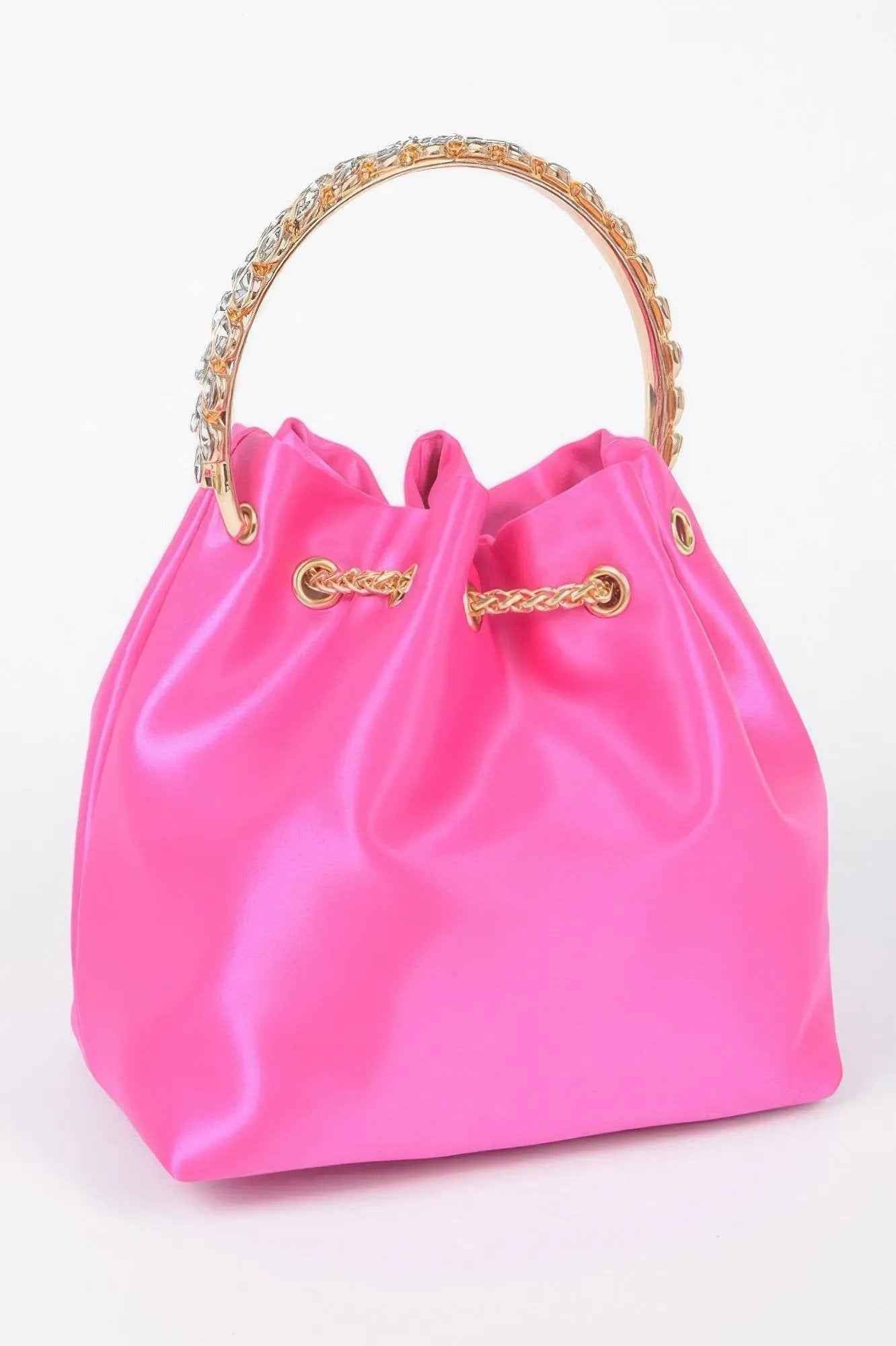 Rhinestone Top Handle Satin Bucket Bag