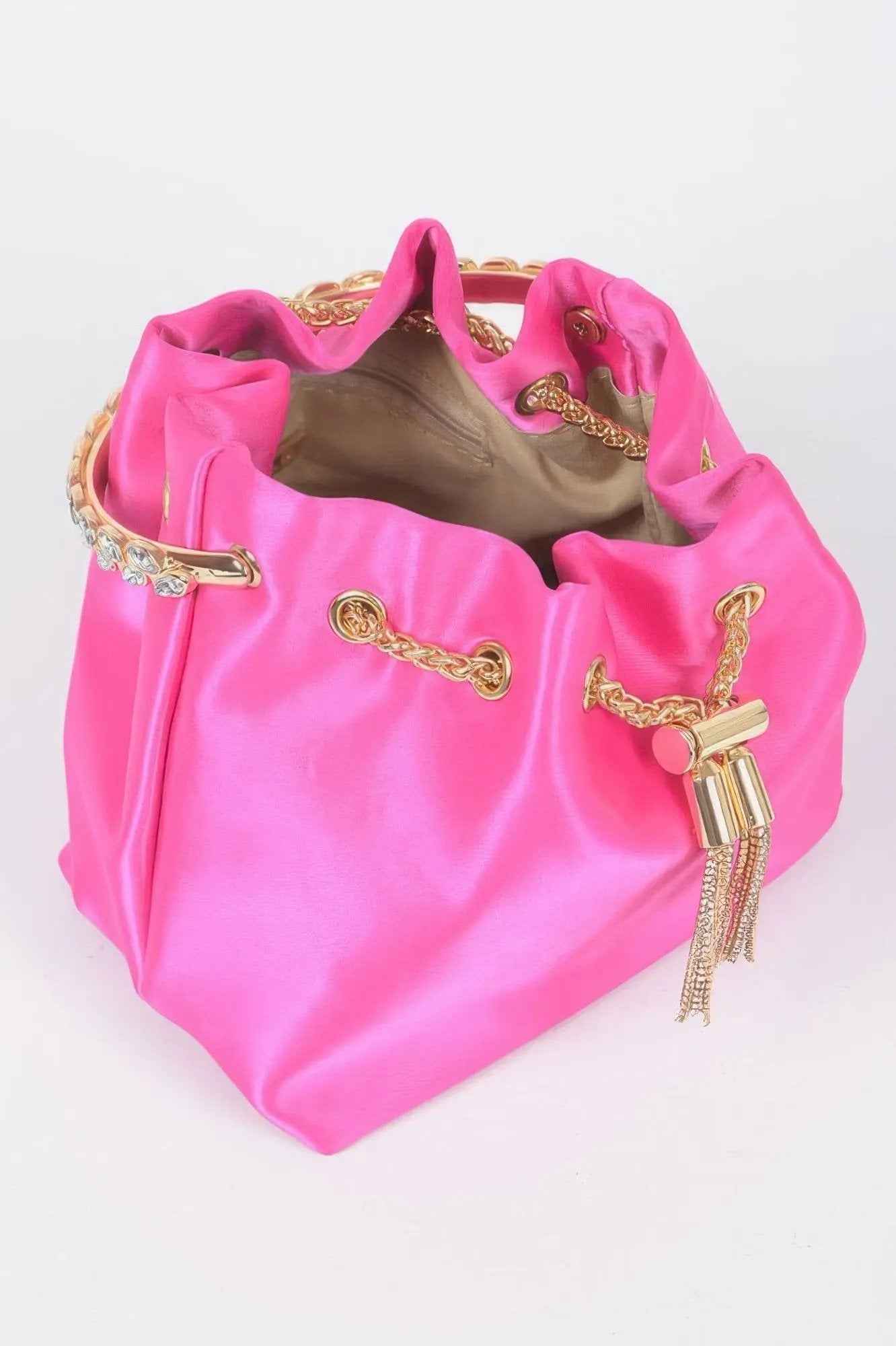 Rhinestone Top Handle Satin Bucket Bag
