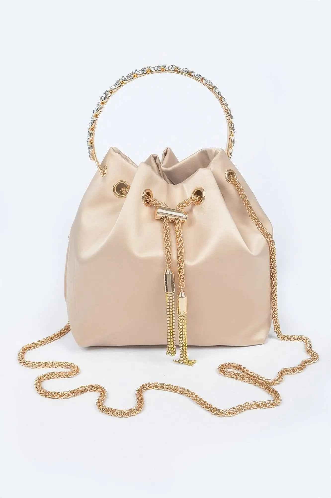 Rhinestone Top Handle Satin Bucket Bag