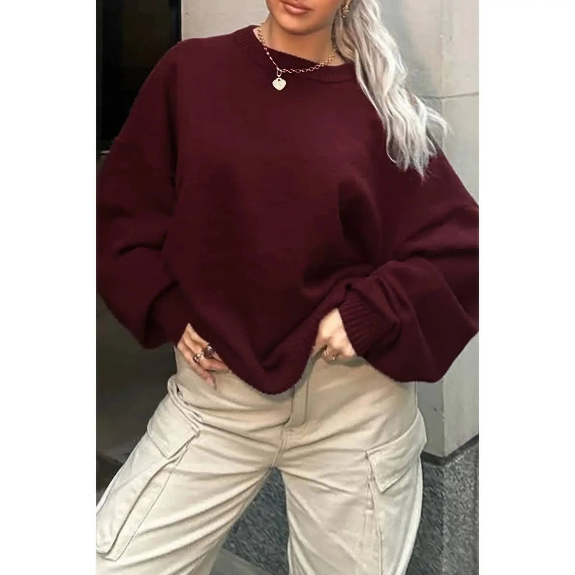 Round Neck Long Sleeve Knitted Loose Sweater - DressAffection