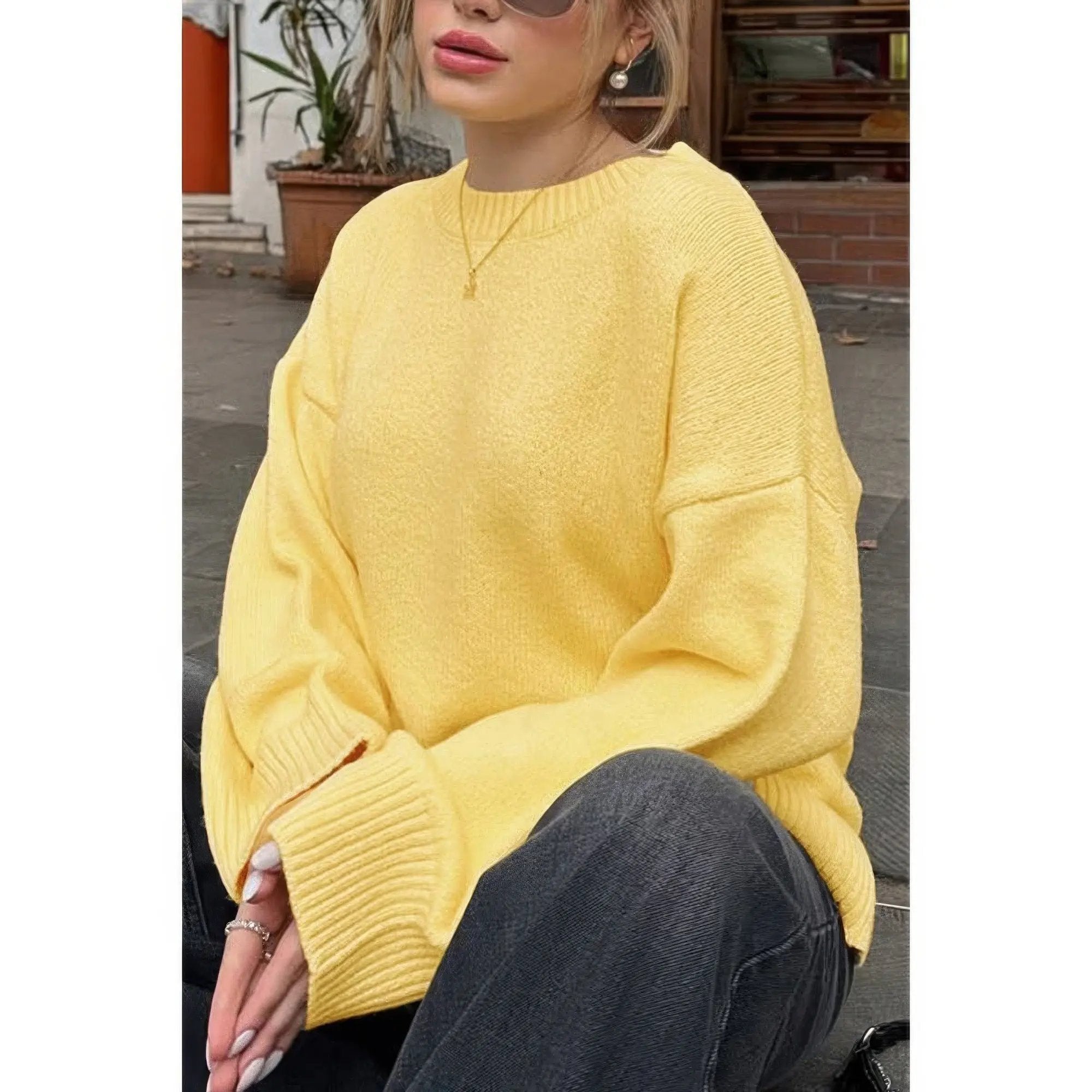 Round Neck Long Sleeve Knitted Loose Sweater - DressAffection