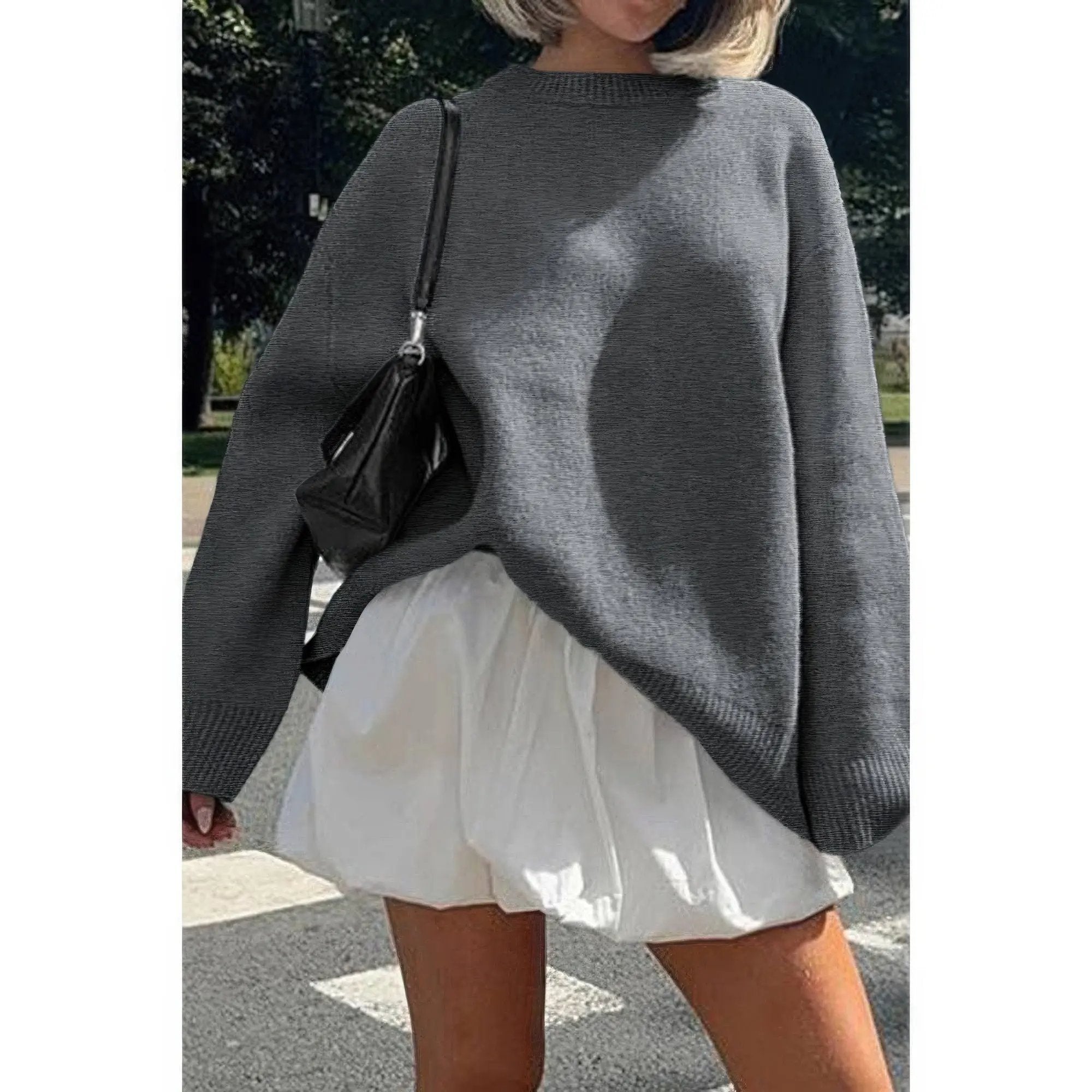 Round Neck Long Sleeve Knitted Loose Sweater - DressAffection