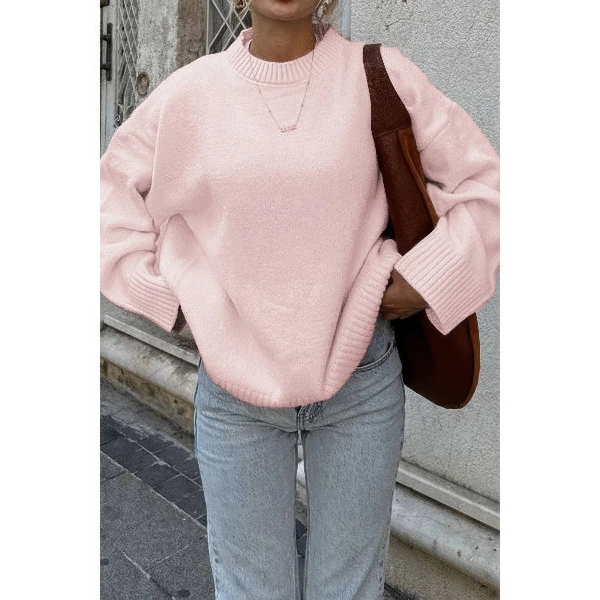 Round Neck Long Sleeve Knitted Loose Sweater - DressAffection
