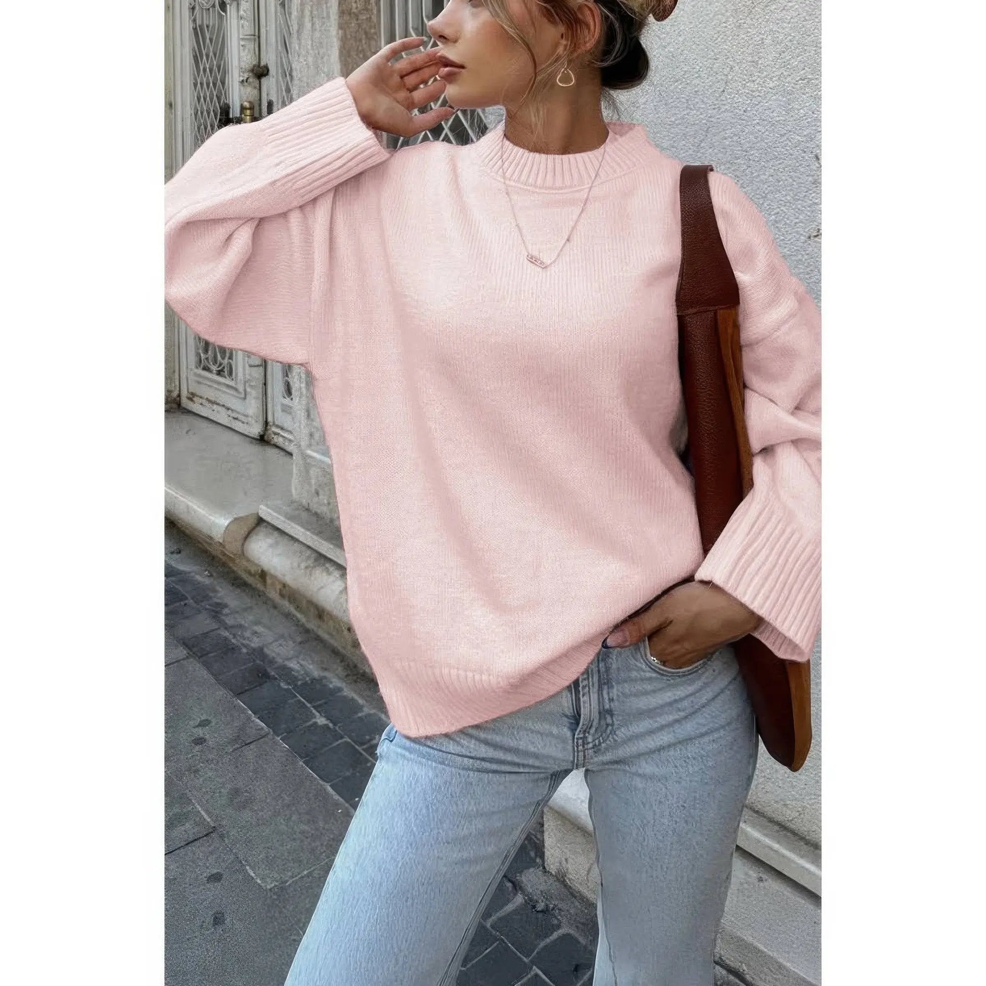 Round Neck Long Sleeve Knitted Loose Sweater - DressAffection