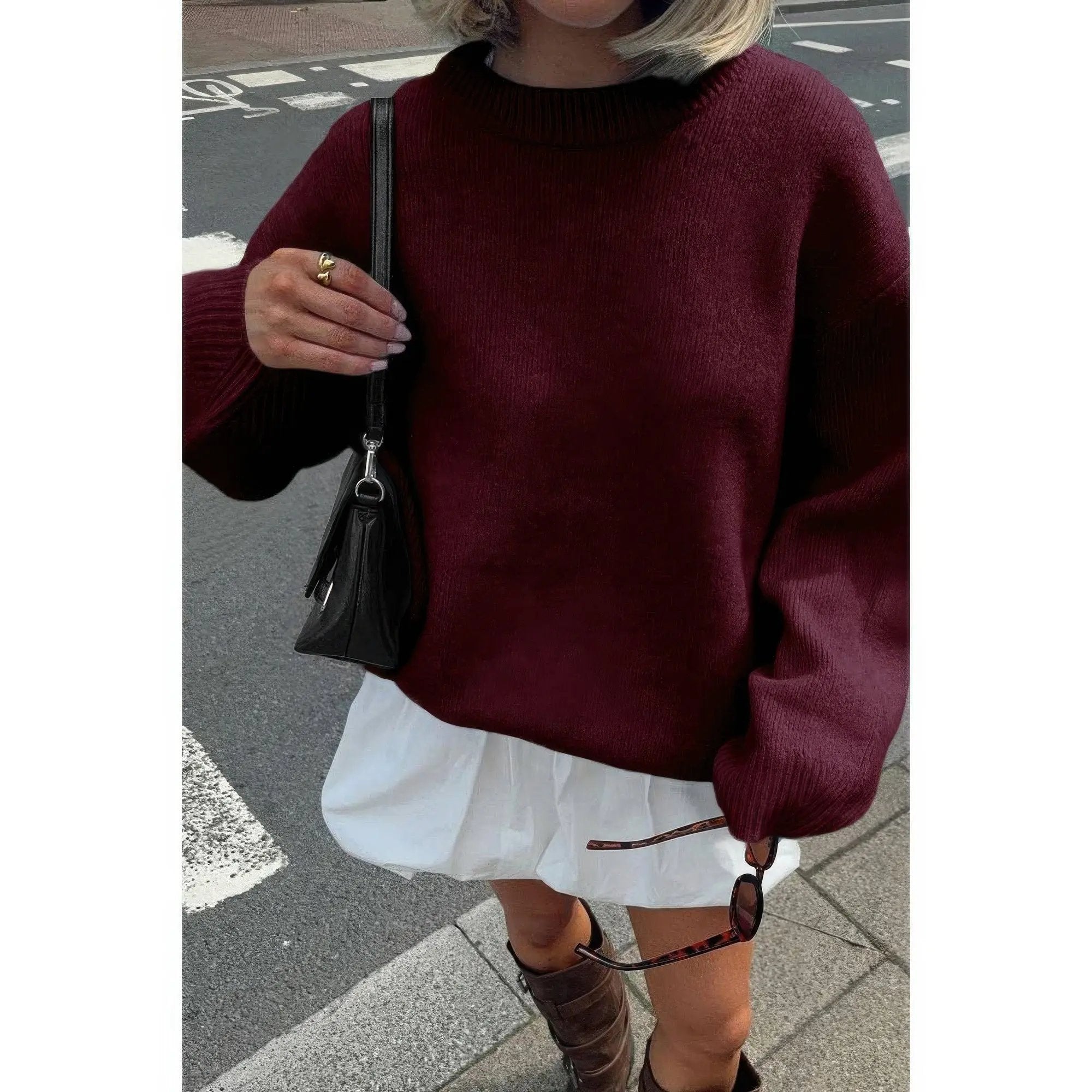 Round Neck Long Sleeve Knitted Loose Sweater - DressAffection