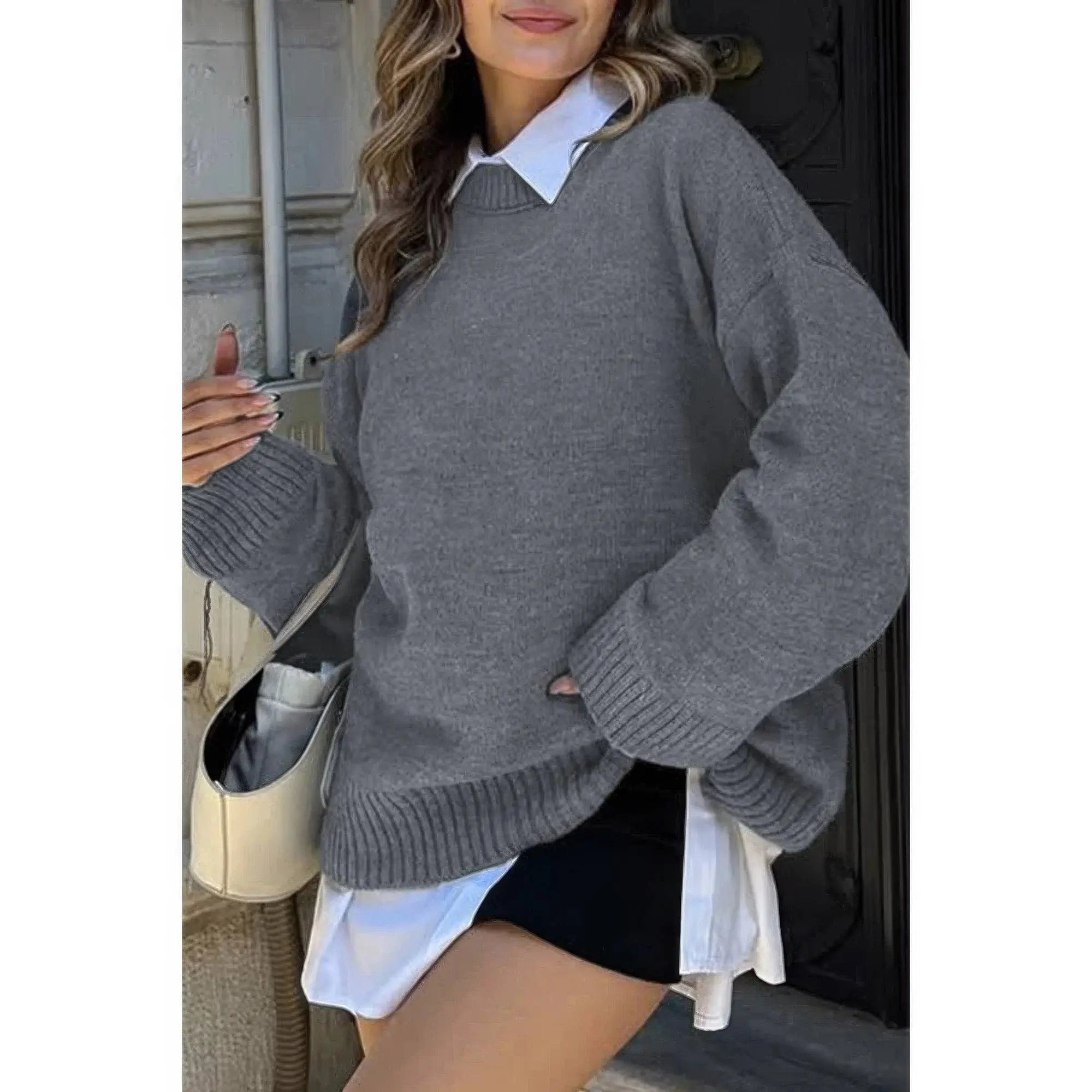 Round Neck Long Sleeve Knitted Loose Sweater - DressAffection