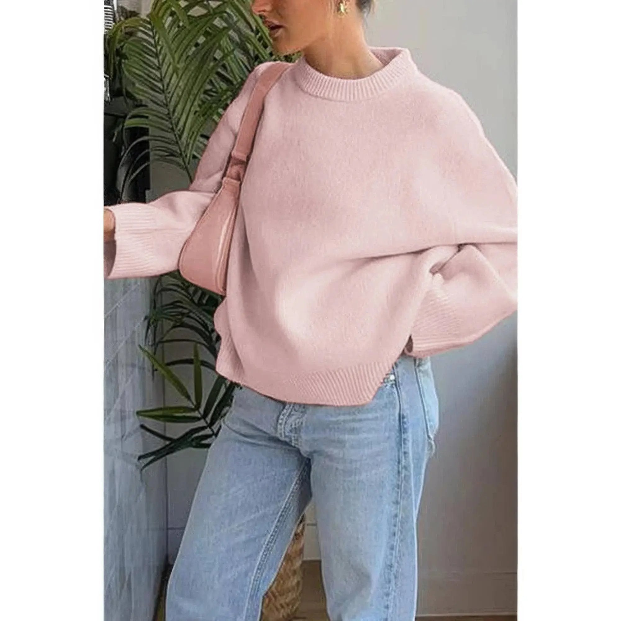 Round Neck Long Sleeve Knitted Loose Sweater - DressAffection