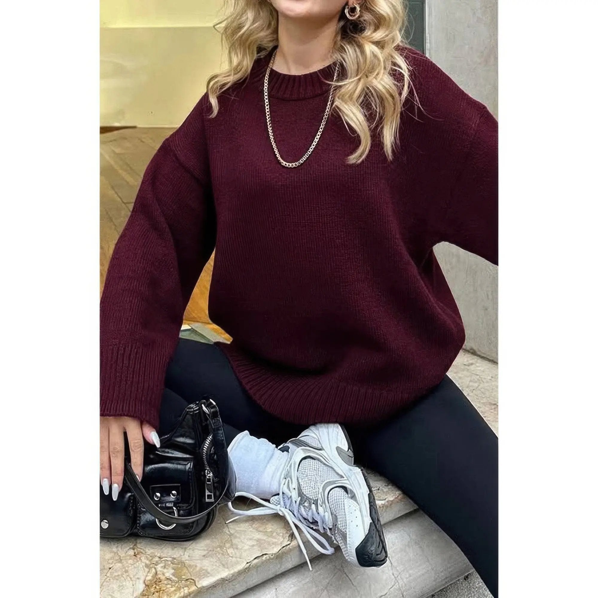 Round Neck Long Sleeve Knitted Loose Sweater - DressAffection