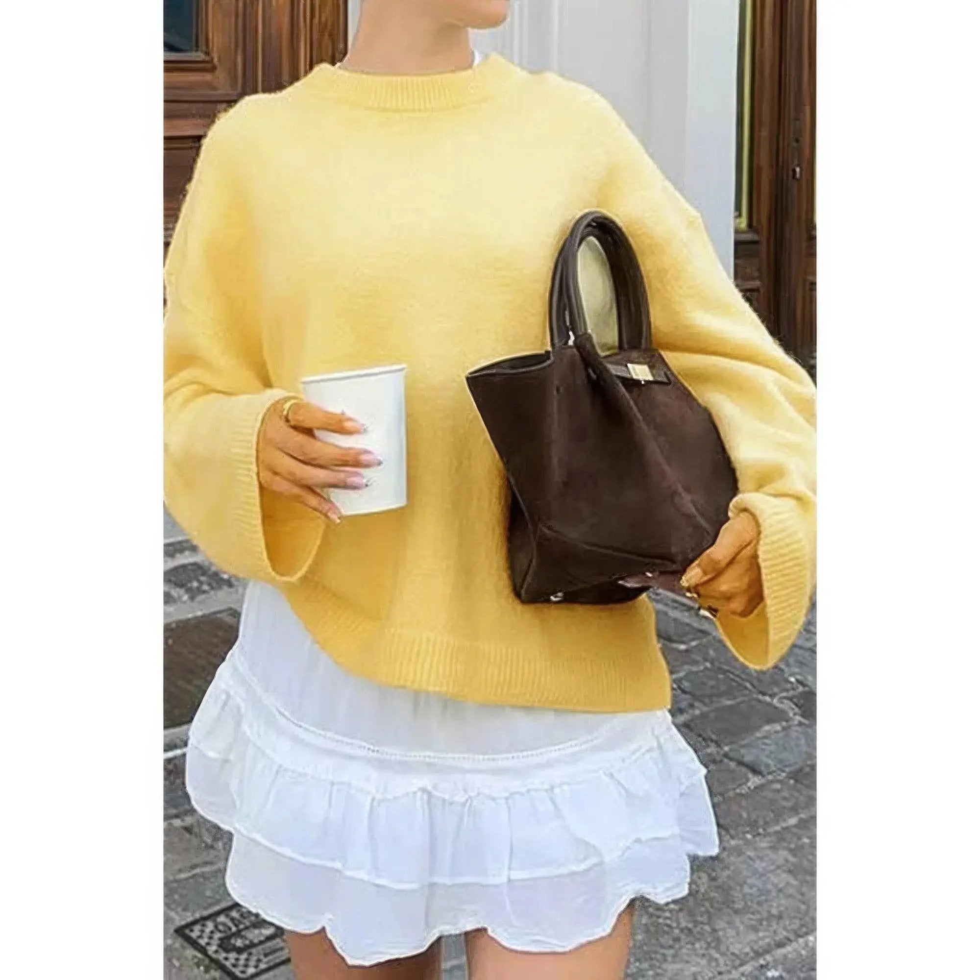 Round Neck Long Sleeve Knitted Loose Sweater - DressAffection