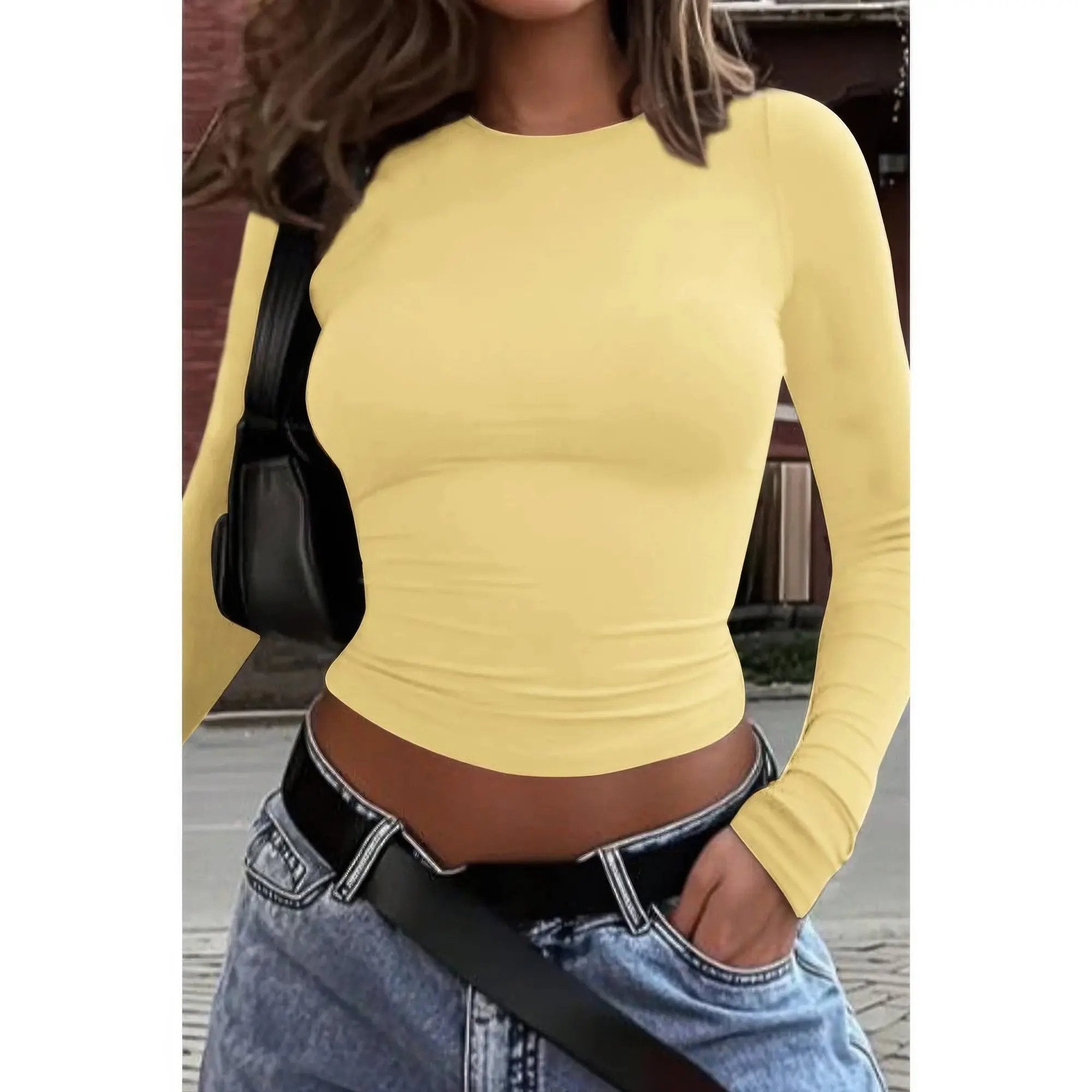 Round Neck Solid Long Sleeve Slim Fit Shirt - DressAffection