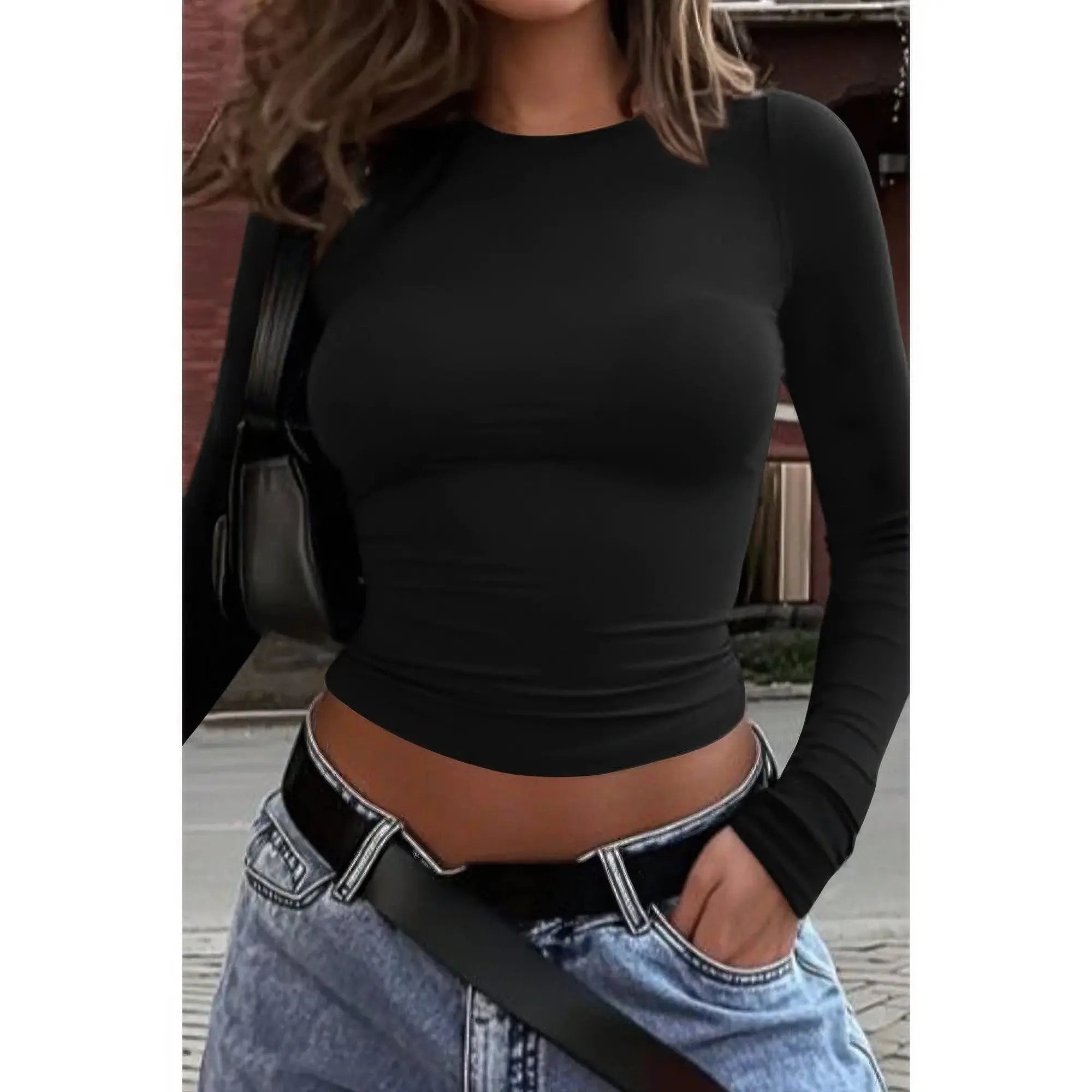 Round Neck Solid Long Sleeve Slim Fit Shirt - DressAffection