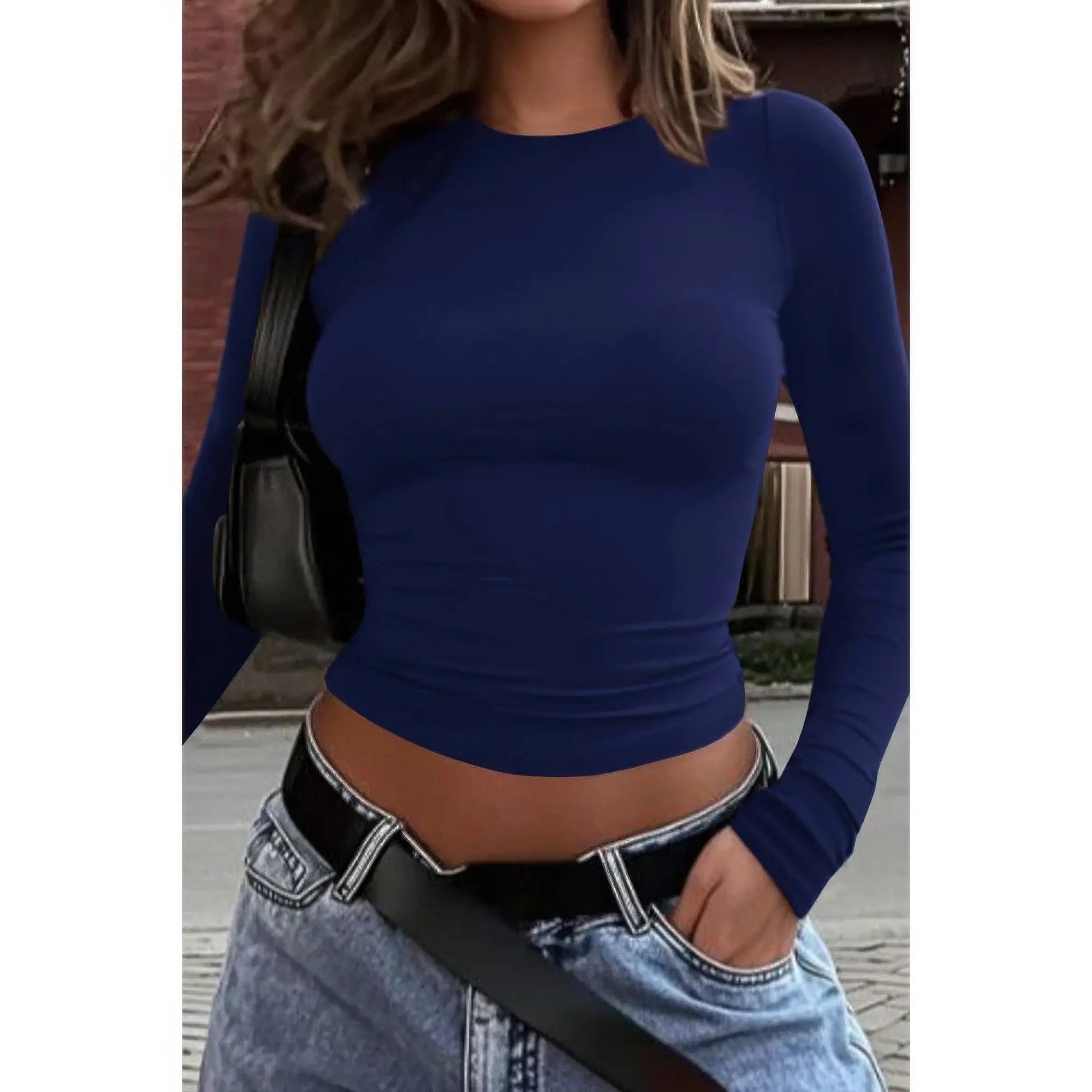 Round Neck Solid Long Sleeve Slim Fit Shirt - DressAffection