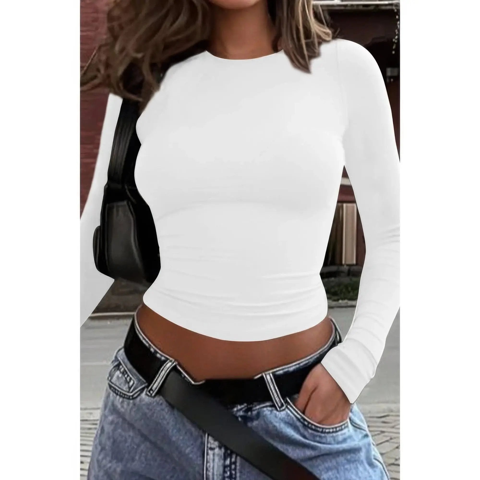 Round Neck Solid Long Sleeve Slim Fit Shirt - DressAffection