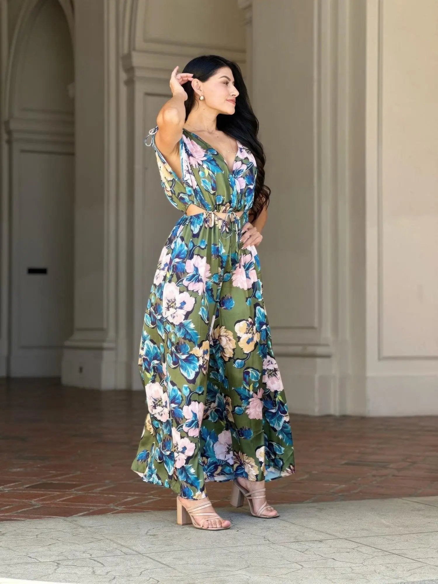 Satin Floral Cut Out Straight Leg Jumpsuit - DressAffection