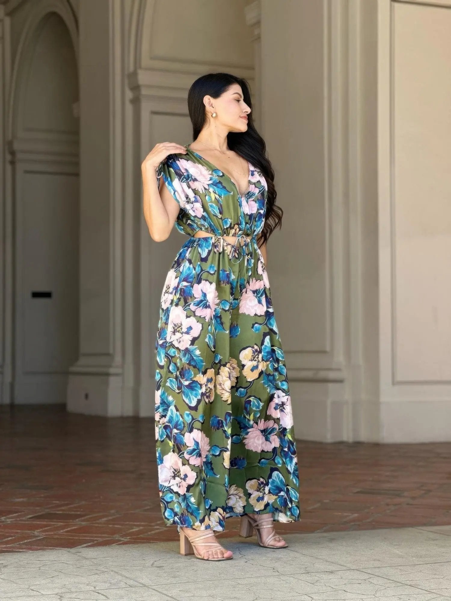 Satin Floral Cut Out Straight Leg Jumpsuit - DressAffection