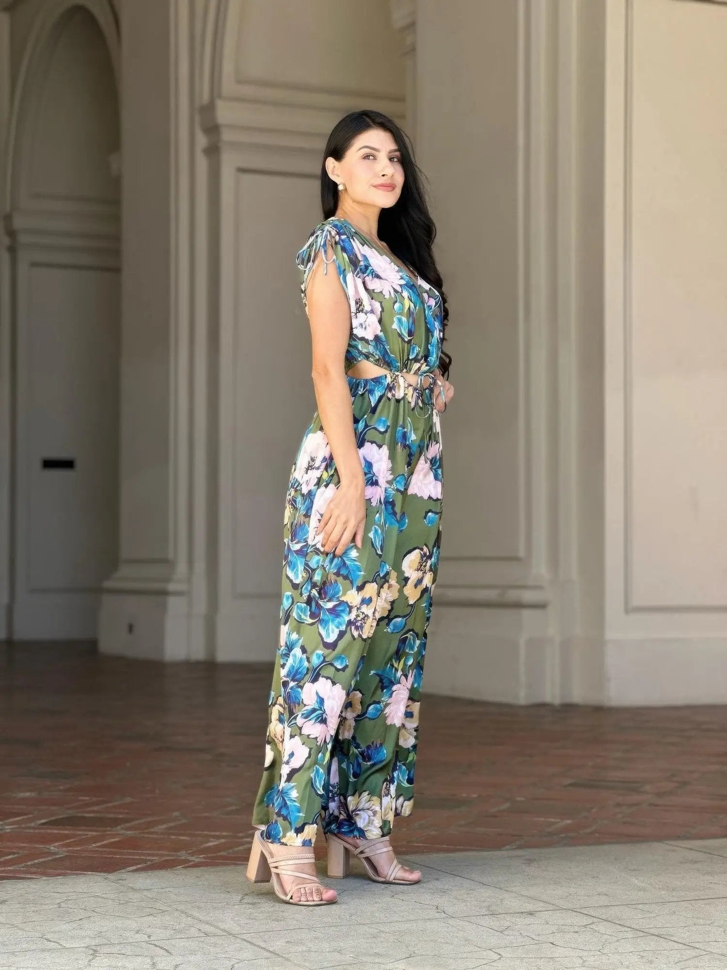 Satin Floral Cut Out Straight Leg Jumpsuit - DressAffection
