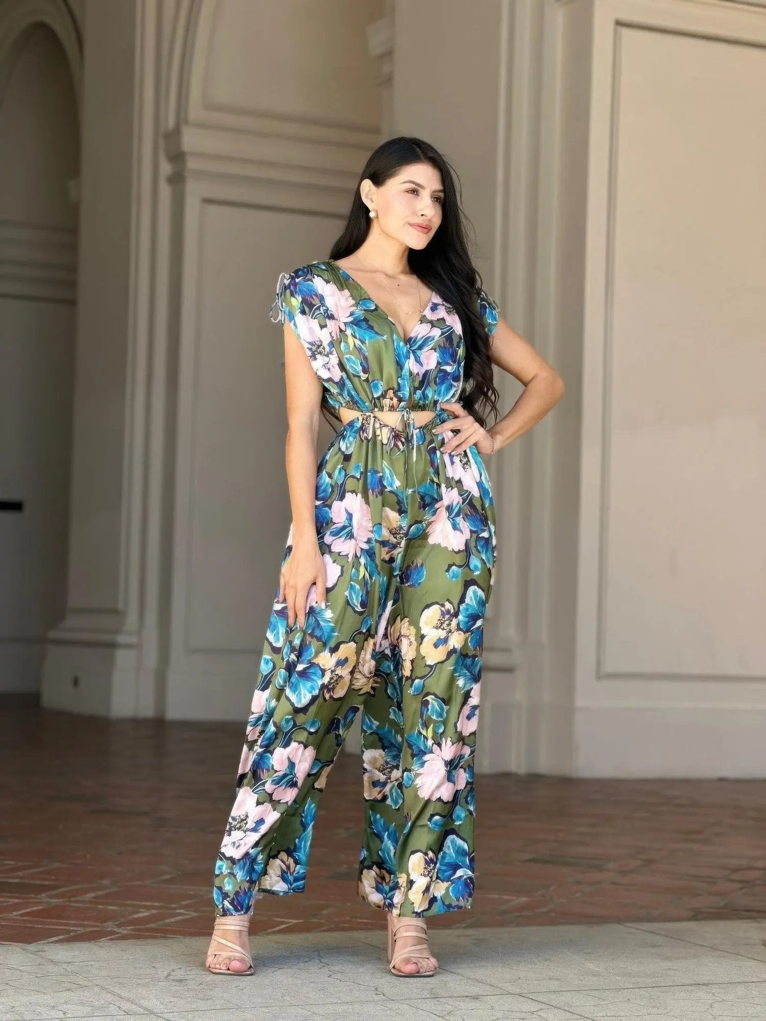Satin Floral Cut Out Straight Leg Jumpsuit - DressAffection