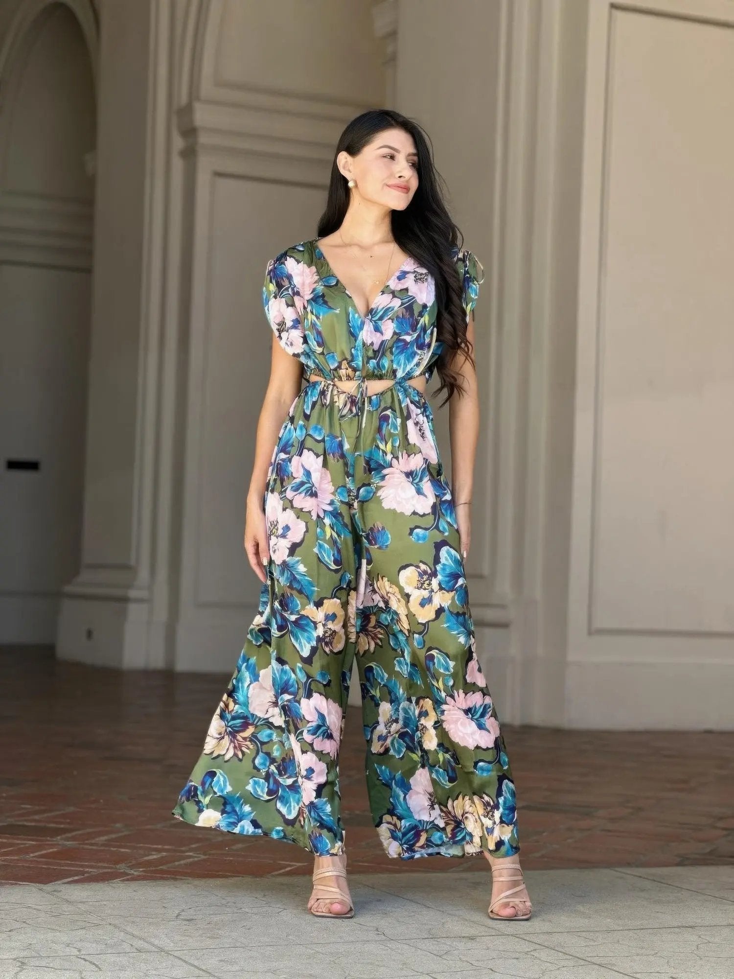 Satin Floral Cut Out Straight Leg Jumpsuit - DressAffection