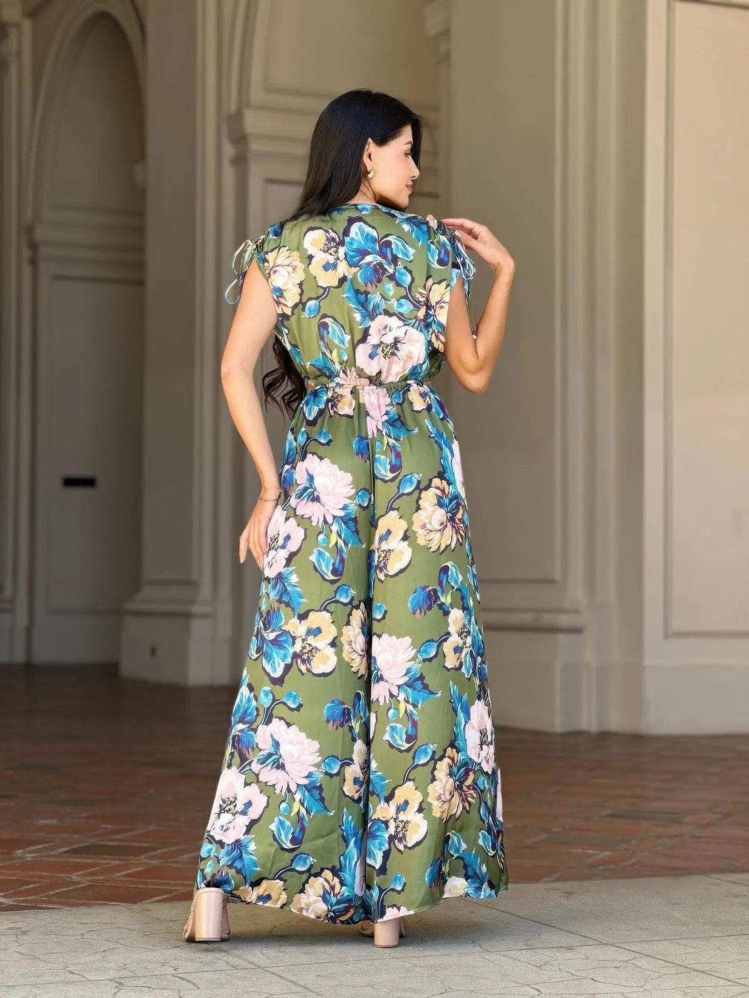 Satin Floral Cut Out Straight Leg Jumpsuit - DressAffection