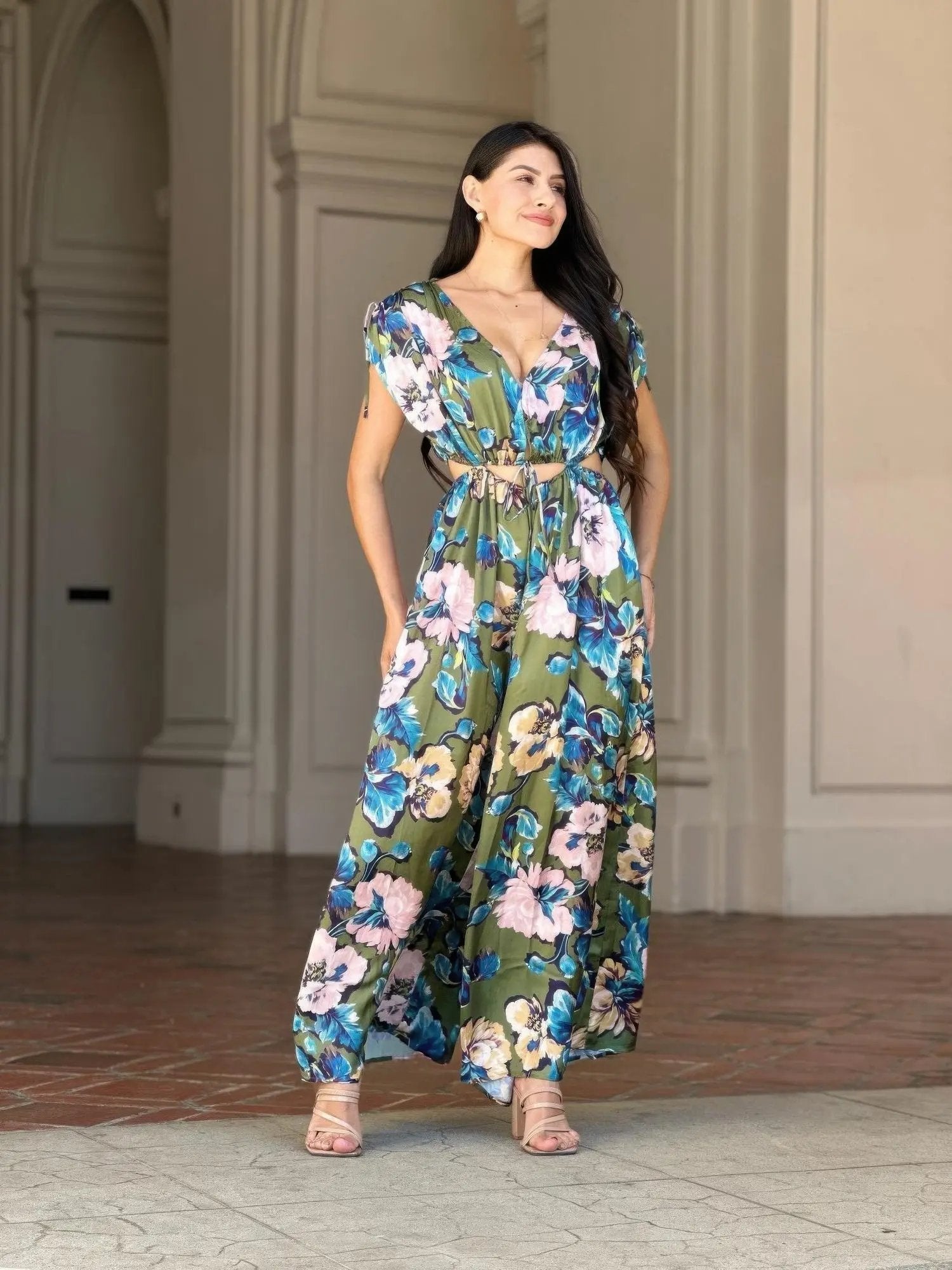 Satin Floral Cut Out Straight Leg Jumpsuit - DressAffection