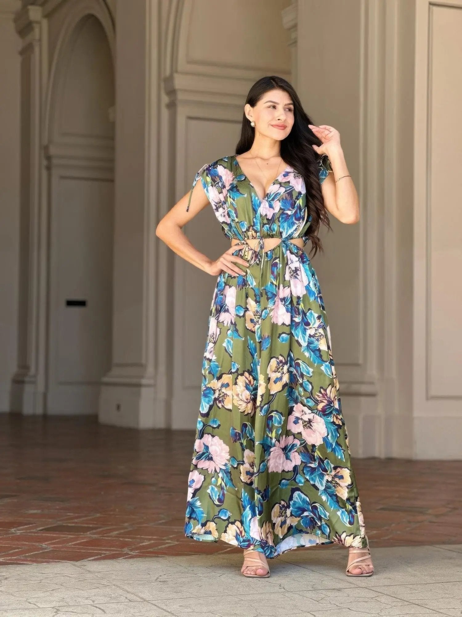 Satin Floral Cut Out Straight Leg Jumpsuit - DressAffection