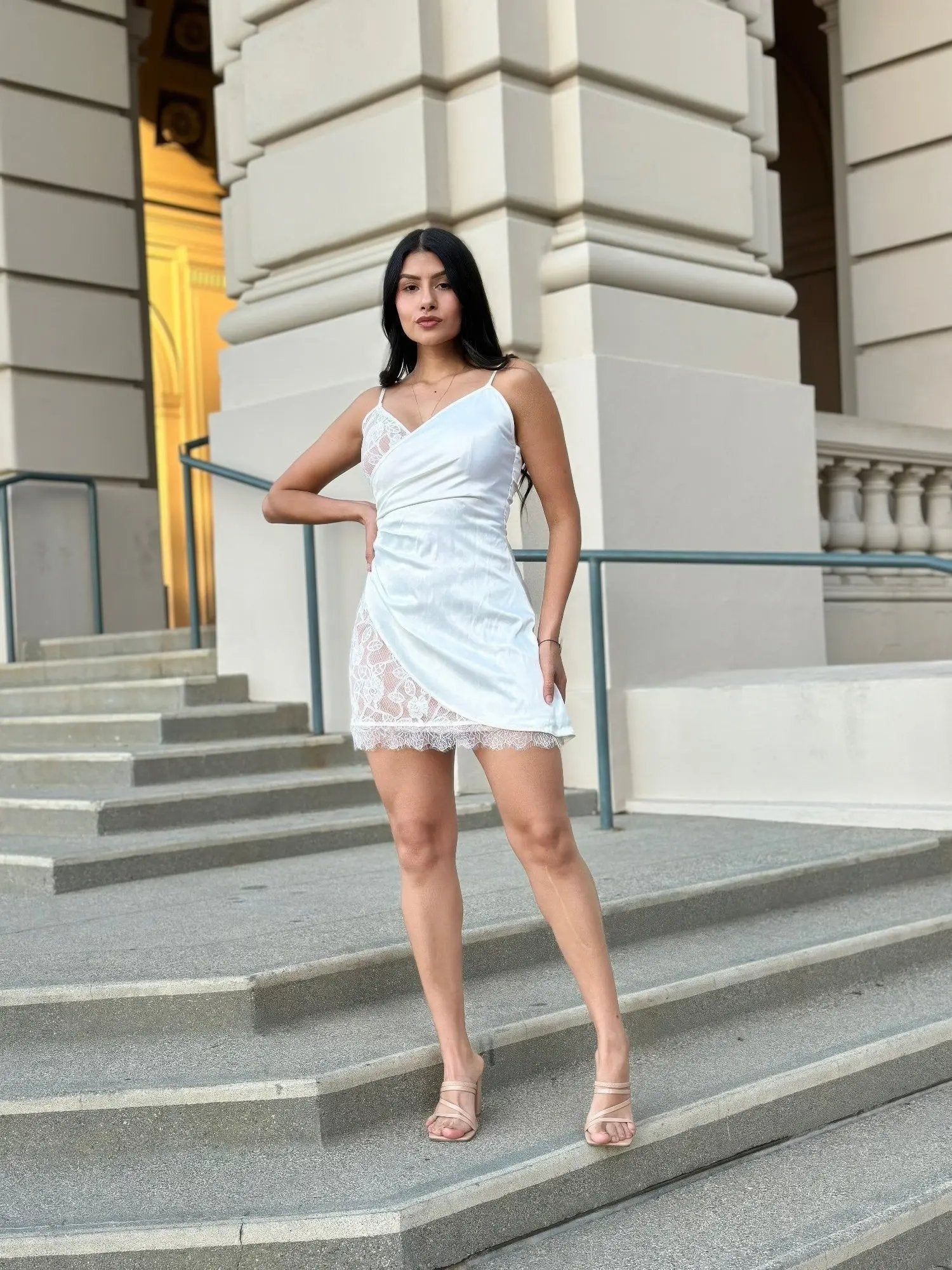 Sexy Party Satin Wrap Like & Lace Nude Mini Dress - DressAffection