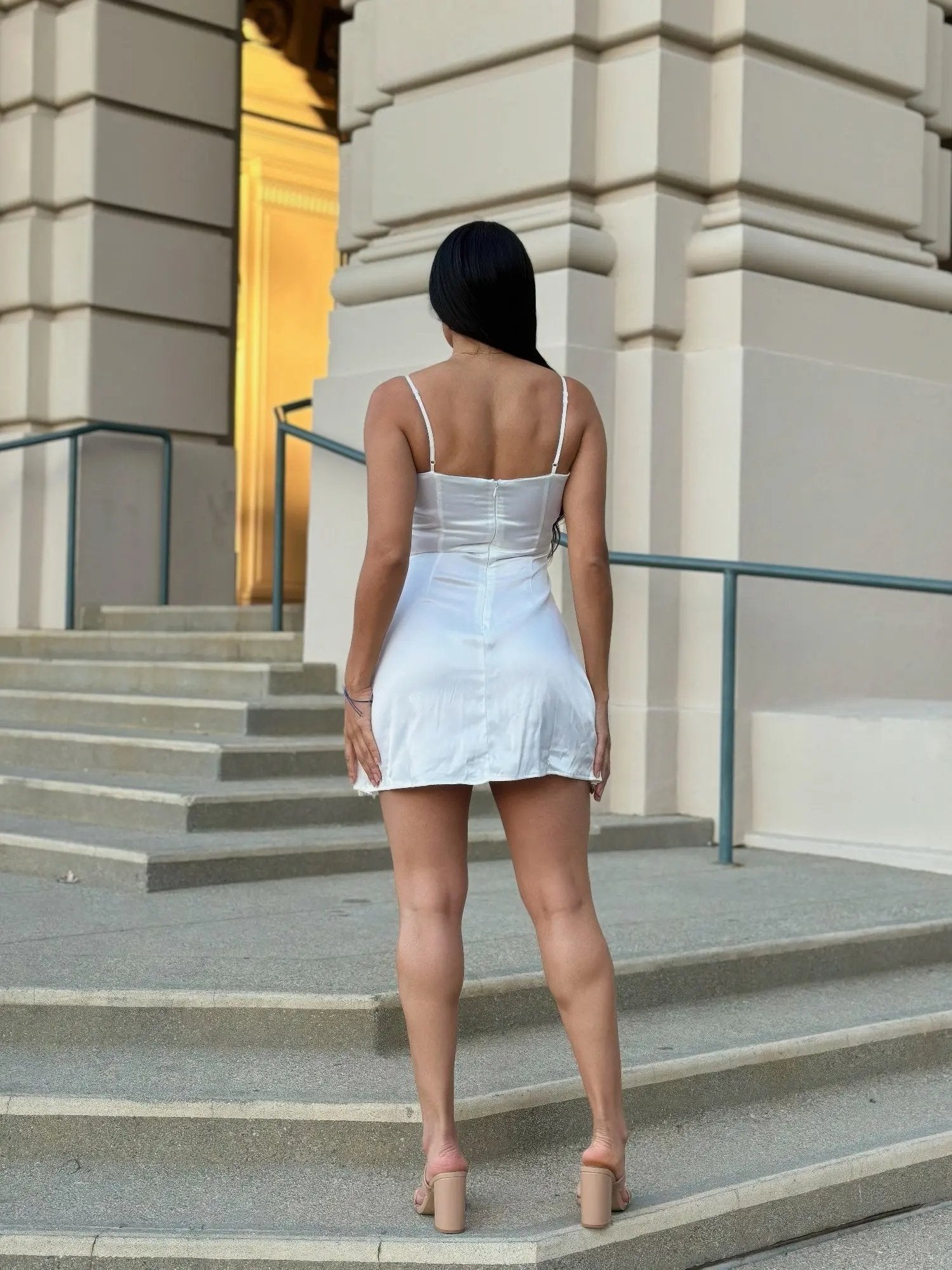 Sexy Party Satin Wrap Like & Lace Nude Mini Dress - DressAffection